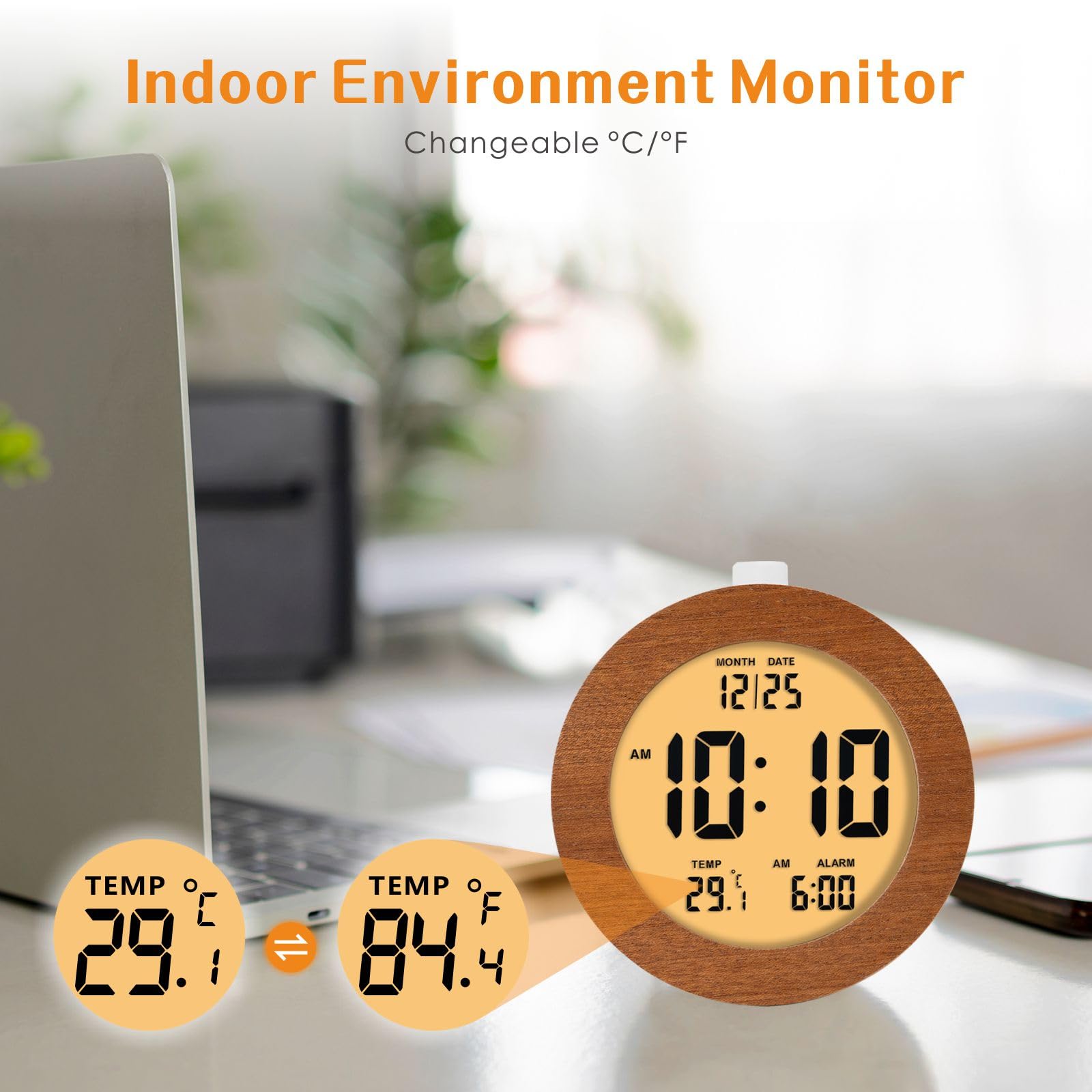 Plumeet Reloj despertador digital de madera para dormitorios, reloj despertador de madera de 4 pulgadas con repetición y luz nocturna, reloj electrónico LCD de escritorio que muestra la hora, fecha,