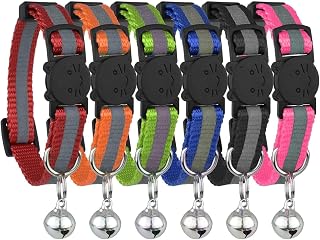BemixPets 6-Pack Reflective Breakaway Cat Collars with Bells - Safe Nylon Collars in Mixed Colors for Cats & Kittens