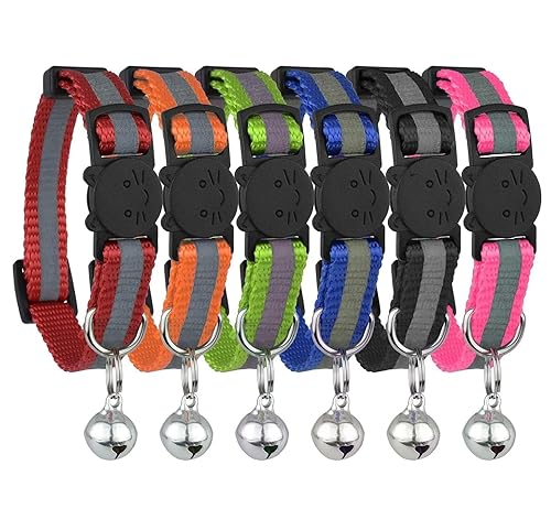 Reflective Cat Collar with Bell, Set of 6, Solid &