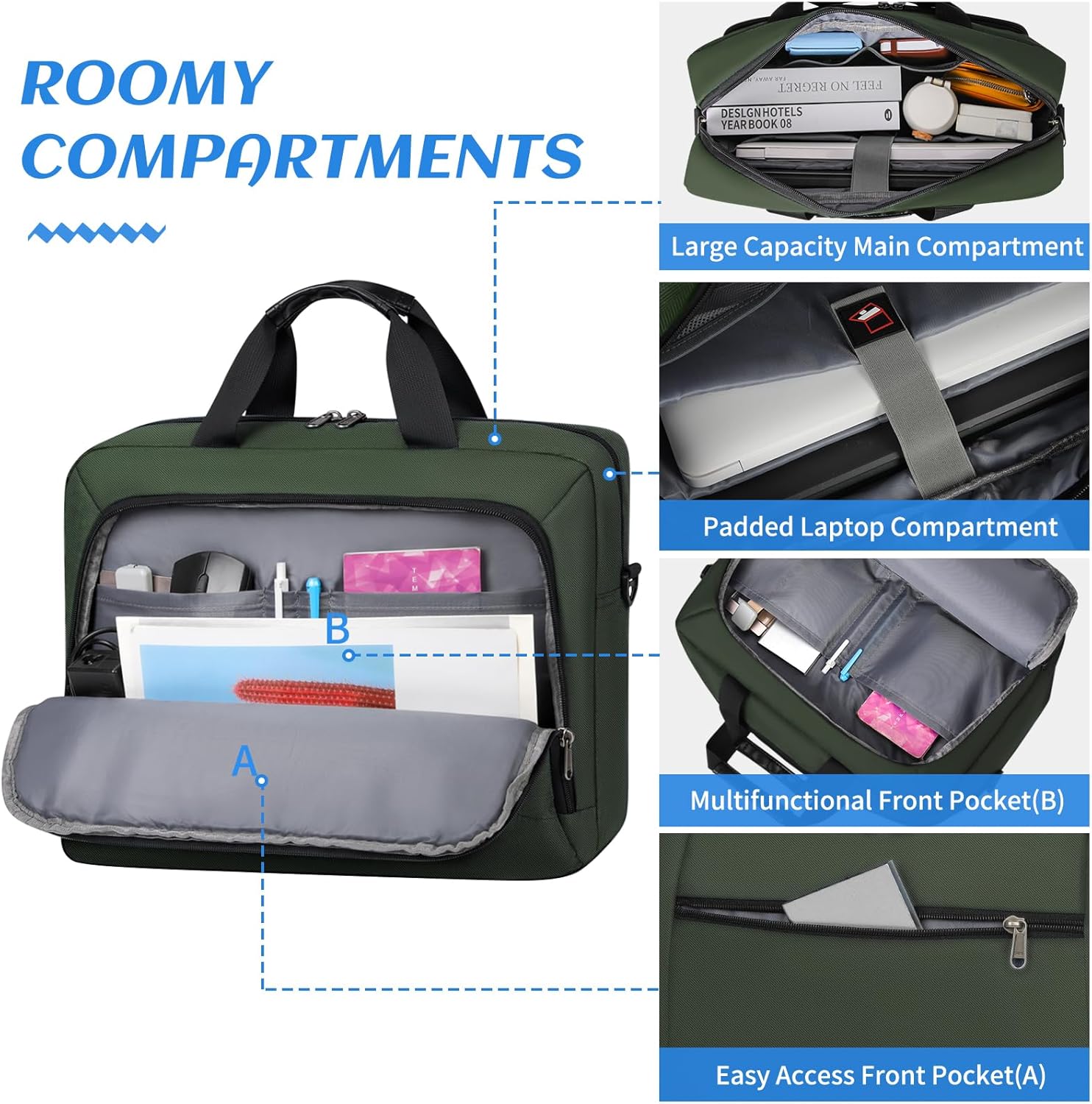 Laptop Bag 17.3 Inch Laptop Briefcase Large Waterproof Laptop Case for Men Women Business Office Work Computer Bag 17 Inch Adjustable Shoulder Messenger Bag, Green