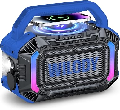Wilody Speakers Bluetooth Wireless, 100W Loud Outdoor Speaker with Bass, IPX7 Waterproof Floatable, 20H Playtime, Wireless Charge, TWS, RGB Light, Portable Speaker for Work, Garage, Outdoor Blue