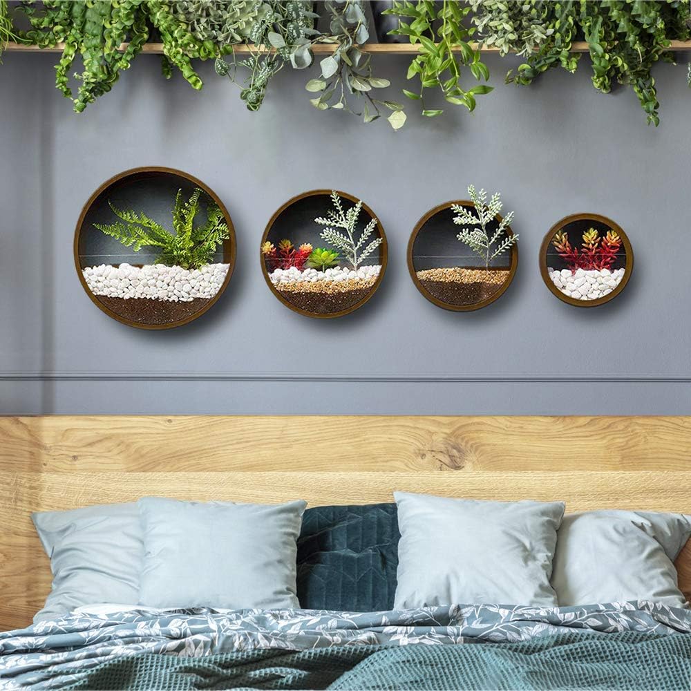Pack of 4 Round Wall Planters Hanging Metal Plant Containers Circle Plant Holder Contemporary Morden Circle Iron Vase for Succulents or Herbs Cactus and More (Brown)