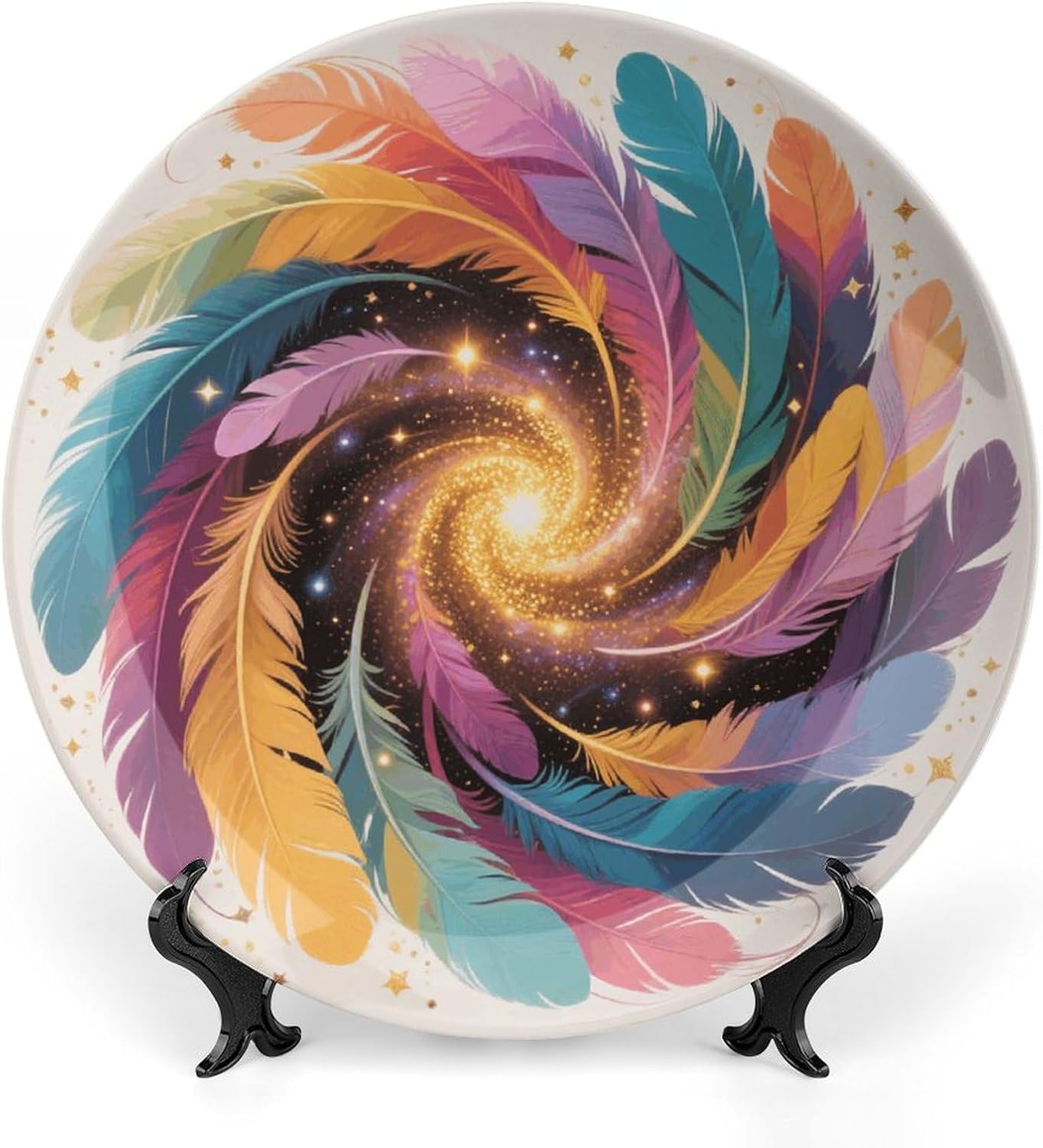 Feather Galaxy Decorative Plates Bone China Plates with Stand for Display 10inch Round Ceramic Dinner Plates Dessert Plate for Kitchen Party Coffee Table Decor Art