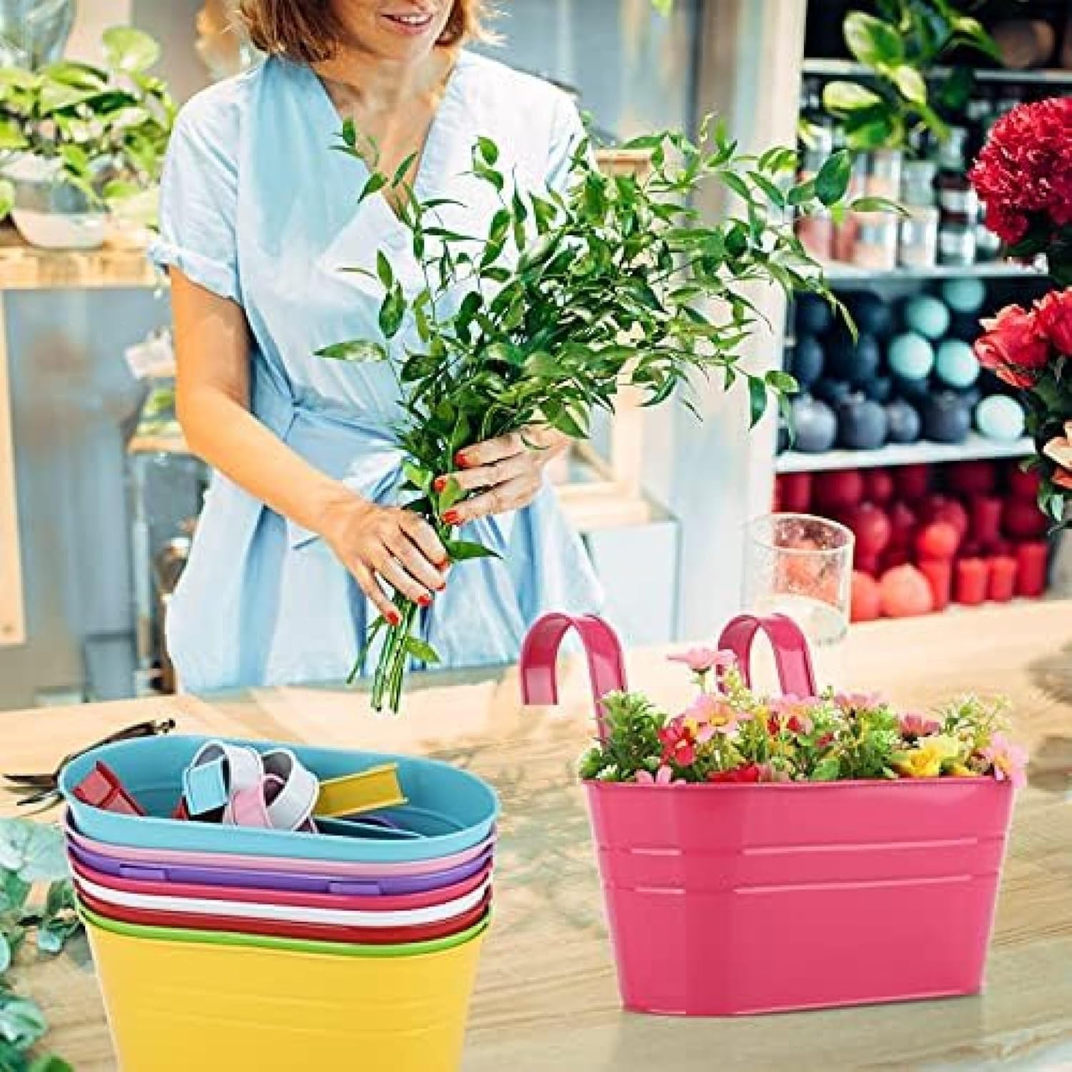2 fioriere ovali da appendere in metallo blu, per balconi, giardini, decorazioni per fiori ed erbe, per interni ed esterni