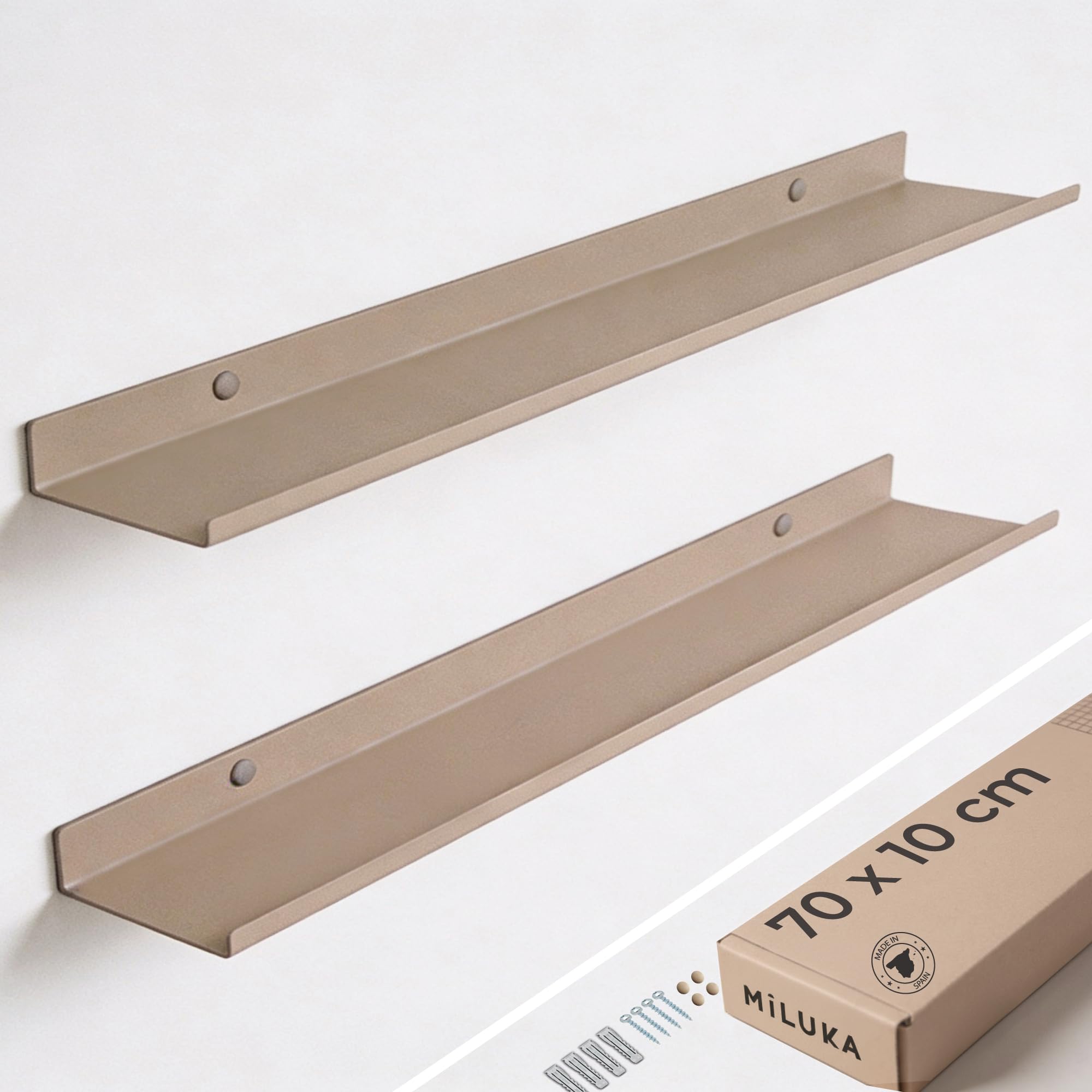 MILUKA Estanteria Pared 70 x 10 cm - Set 2 Estantes Flotantes en Metal Beige Arena - Baldas Pared Estrechas para Cuadros, Fotos y Objetos - Repisas Modernas para Decoración Habitación y Salón