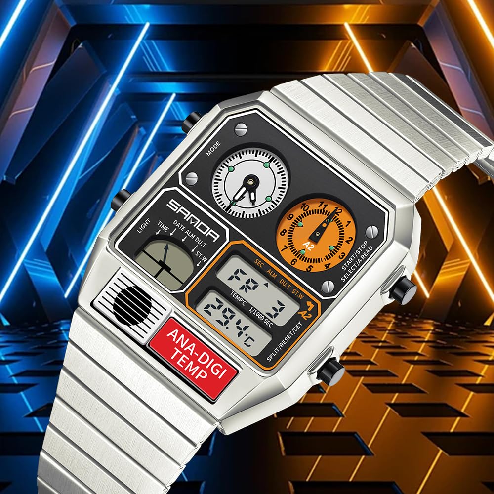 MASTOP Orologio analogico digitale quadrato retrò con display della temperatura, 3 fusi orari, retroilluminazione, impermeabile fino a 50 m, sveglia e cronometro settimana/data, Argento e bianco