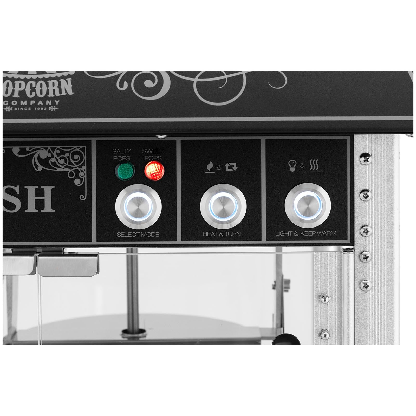 Royal Catering Macchina per popcorn con carrello, design retrò, 1500 W, 195/235 °C, 2 temperature per popcorn dolci e salati, nero