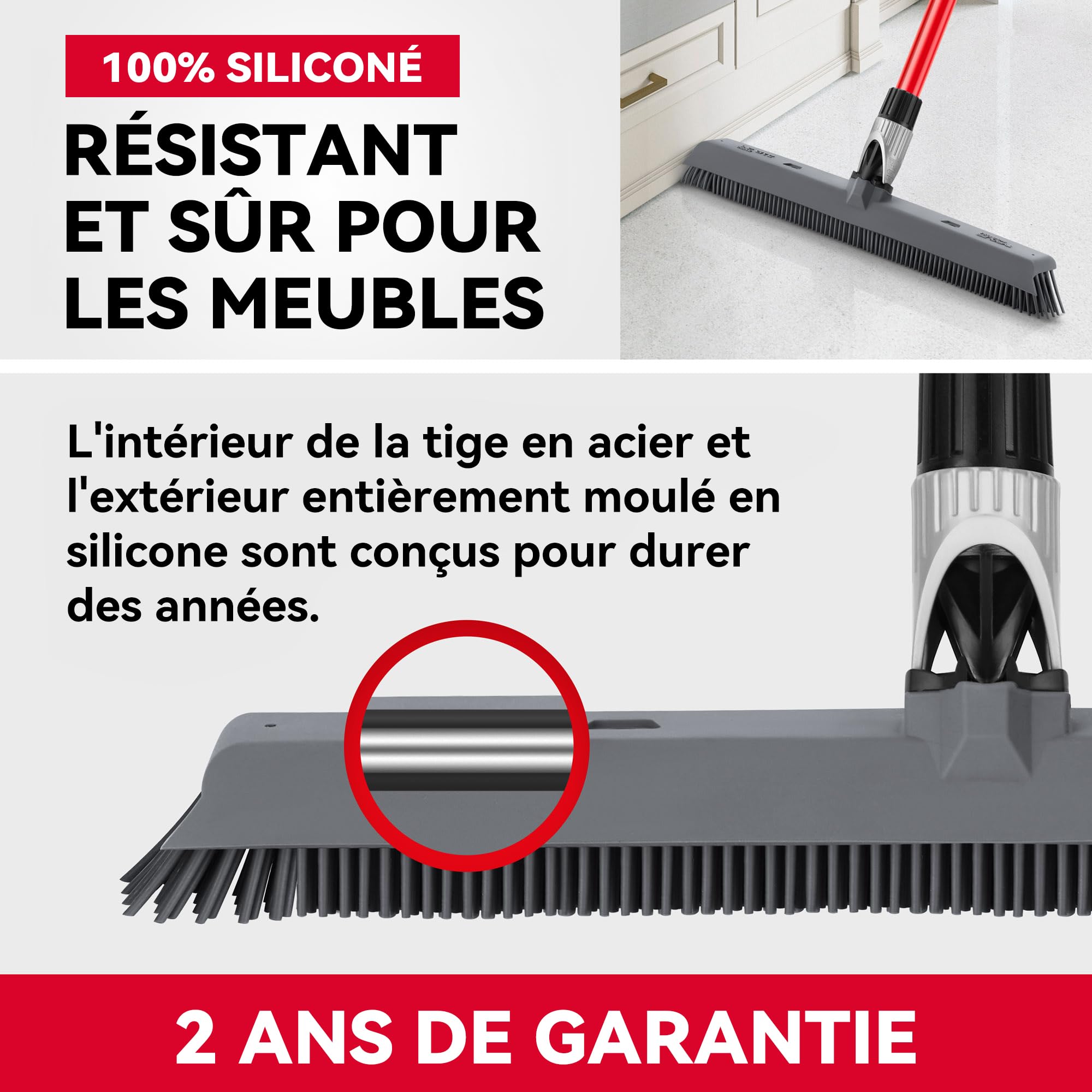 Tyroler Balai Silicone & Raclette Sol | Tête De 41 cm Balai Bross Poils Animaux | Manche Anti-Rouille en 4 Parties de 140 cm pour Balais en Silicone Professionnel | Balais Nettoyer Sol