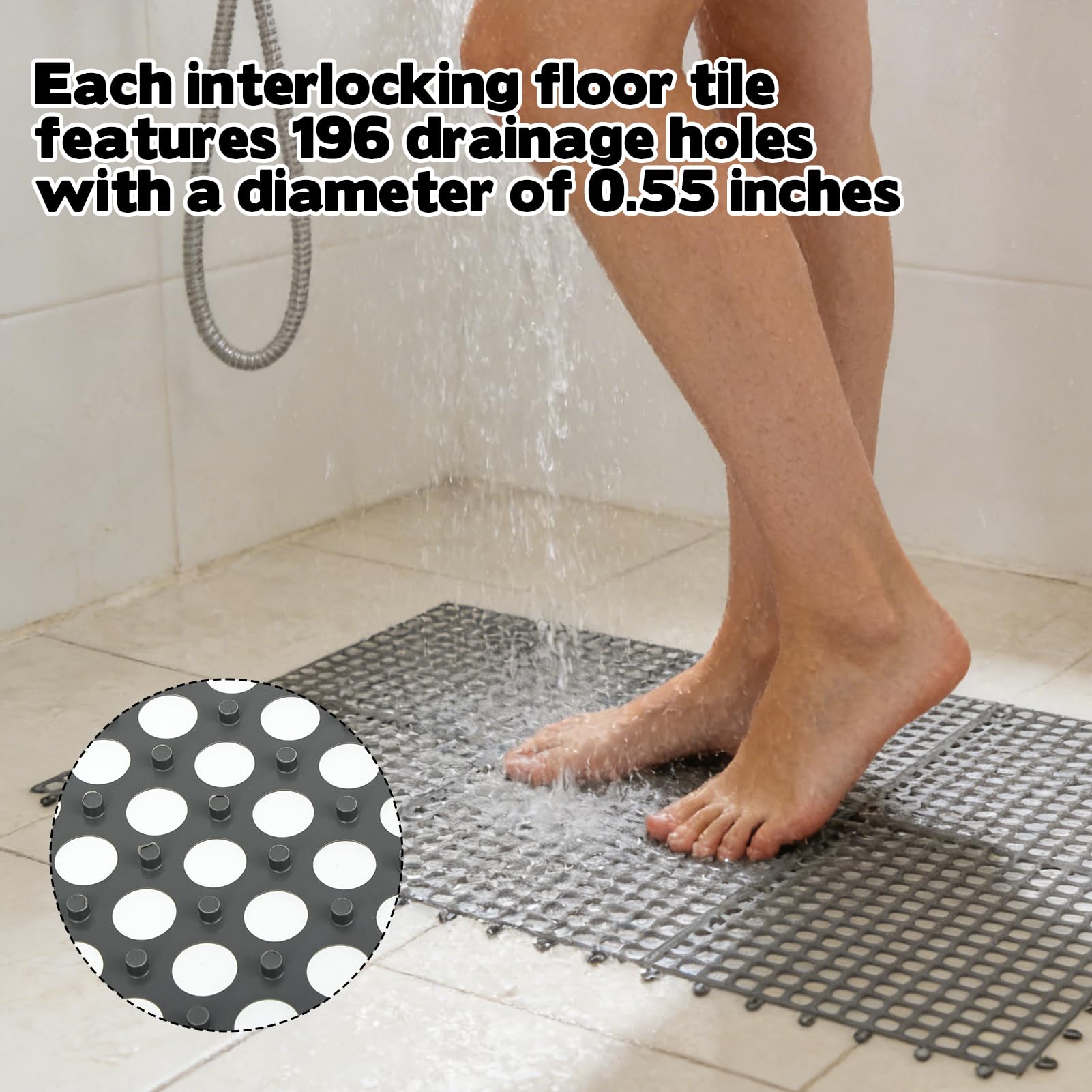 50 PCS Drainage Interlocking Tiles Bulk 11.8'' x 11.8'' Modular Interlocking Cushion Non Slip TPE Pool Deck Drain Mats with Drain Holes Splicing Garage Floor Tiles for Bathroom Kitchen Patio Pool Deck — Amazon image 6