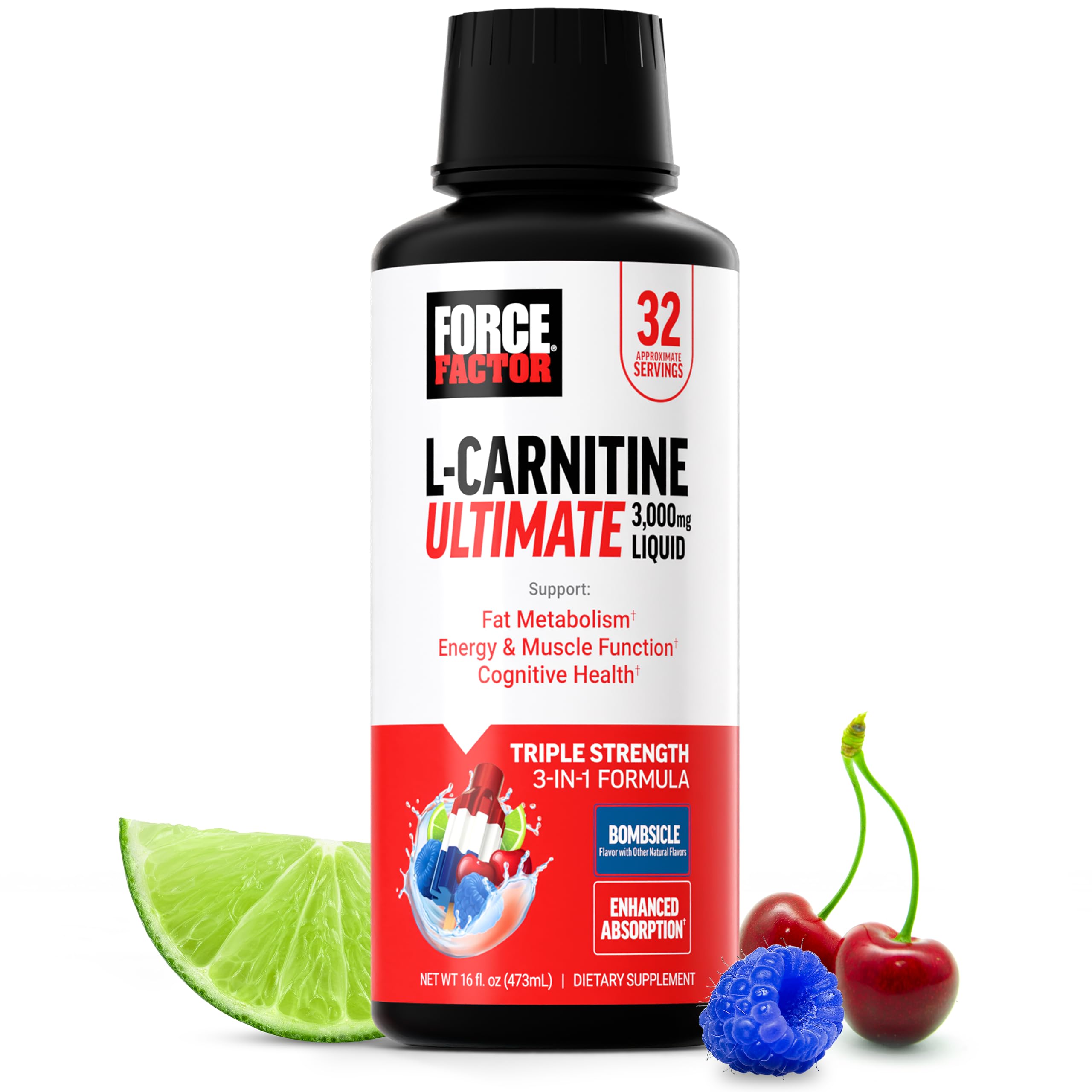 Force Factor Suplemento líquido de L-carnitina com acetil-L-carnitina e L-carnitina L-tartarato, 3.000 mg, 473 mL