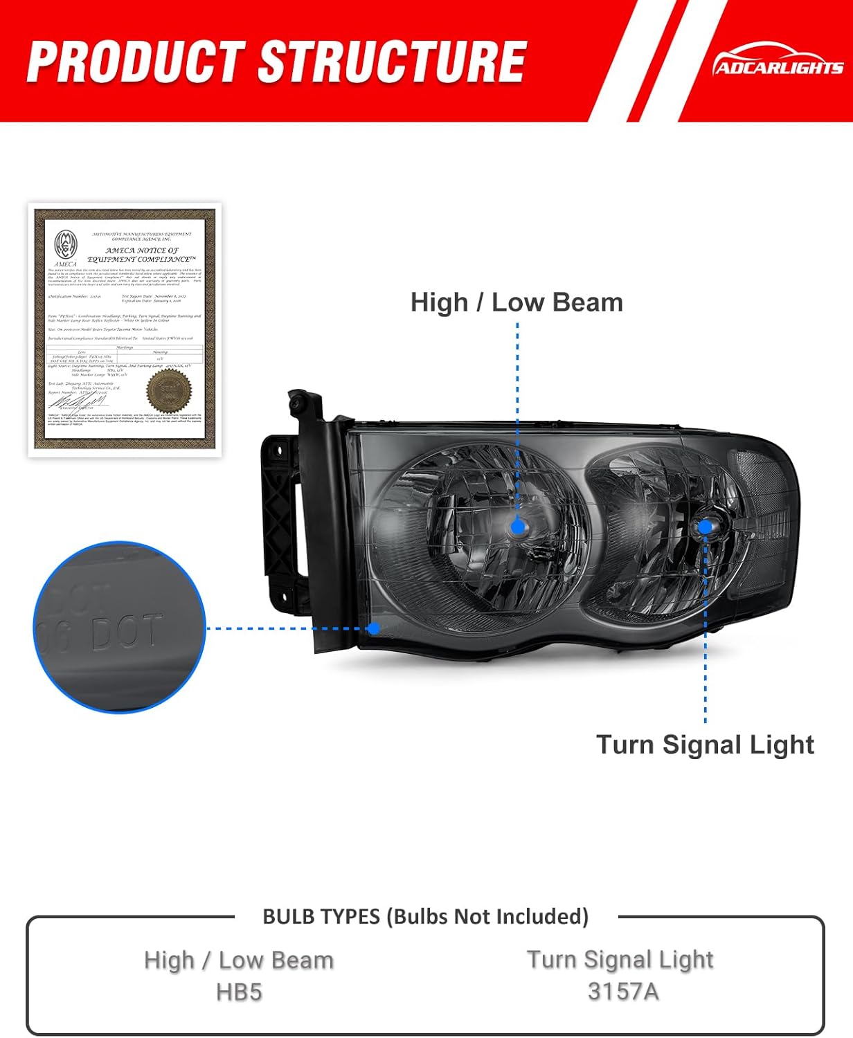 Headlight Assembly for 2002-2005 Dodge Ram 1500/2003-2005 Ram 2500 3500 Clear Lens Smoke Housing with Clear Reflector Headlamp Replacement LH+RH（W/O Bulbs）