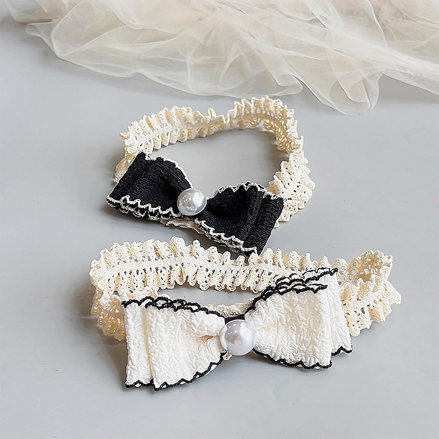 Bow Lace Headbands for Baby Girls Soft Tulle Ribbon Pearl Head Wrap Elastic Bow-knot Hair Band Shower Birthday Hair Accessory for Newborn Infant Toddler (Black A, Elastic) - Image 5