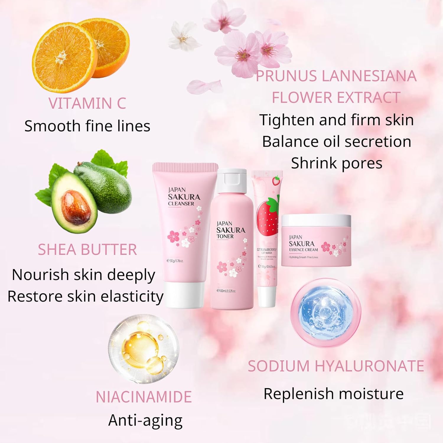 Cherry Blossom Skincare Set Women Gifts - Skin Care Set Hydrating - Skincare for Girls 10-12 Moisturizing - Travel Kit with Cleanser,Toner,Lip Mask,Cream(One Size, Cherry Blossom 6PCS Scent) - Image 4
