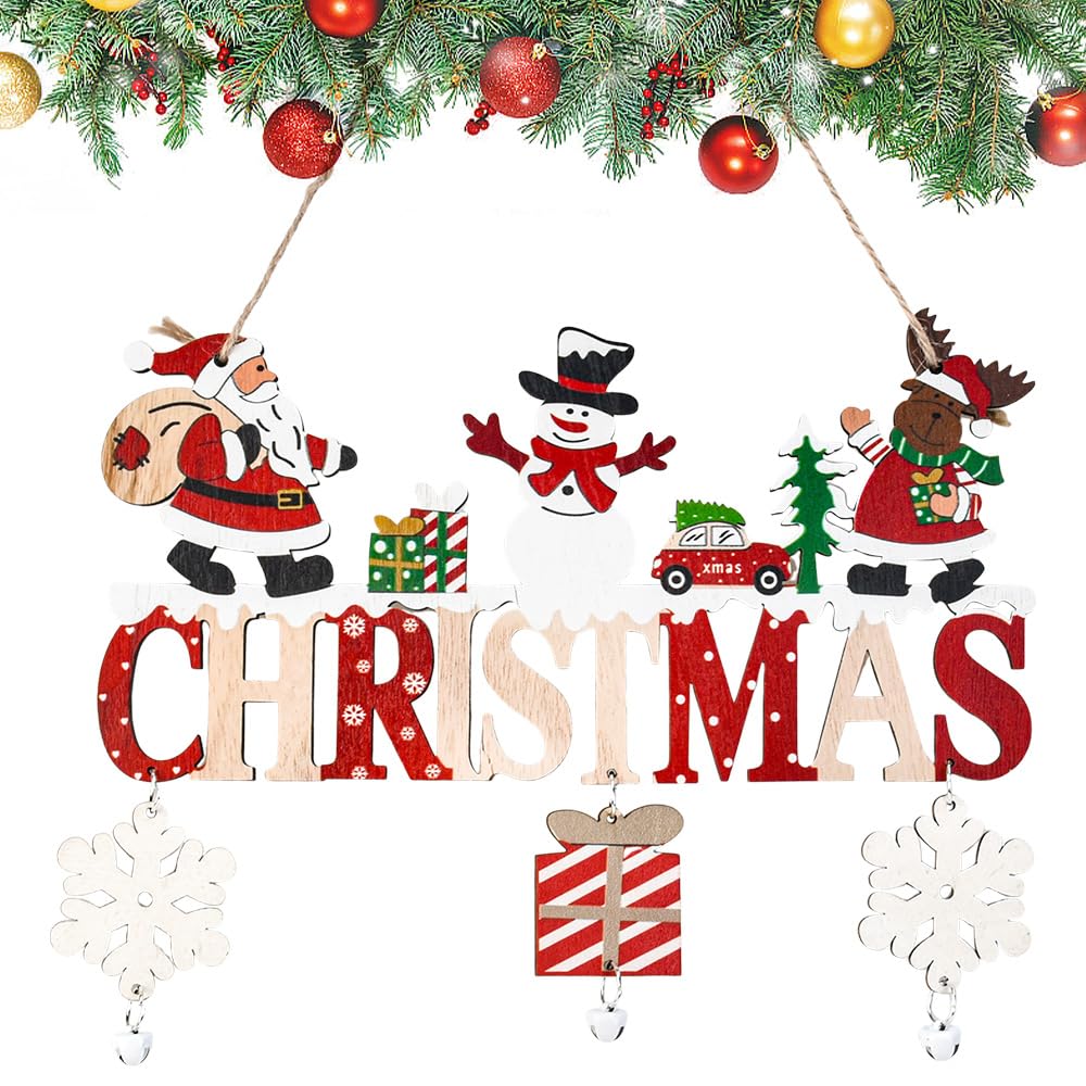 Kleemeiero Adorno Navidad de Madera Letrero de Navidad Decoración Colgante de Navidad con Papá Noel, Campanillas, Alce y Muñeco de Nieve Decoracion Navideña Puerta Señal de Navidad Interior O Exterior