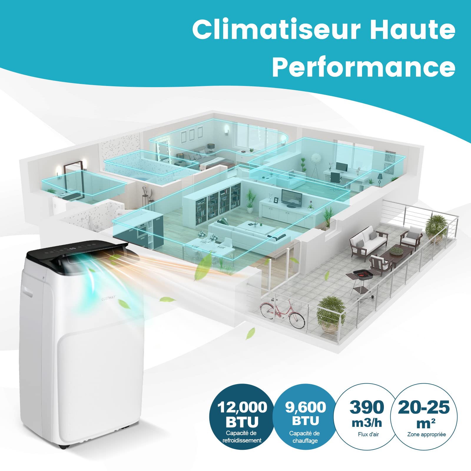 COSTWAY Climatiseur Mobile Silencieux 5 EN 1, Clim 12000BTU Refroidissement Rapide,Chauffage,Ventilateur,Déshumidificateur,Mode Nuit, Climatisation Faible Conso,Wifi