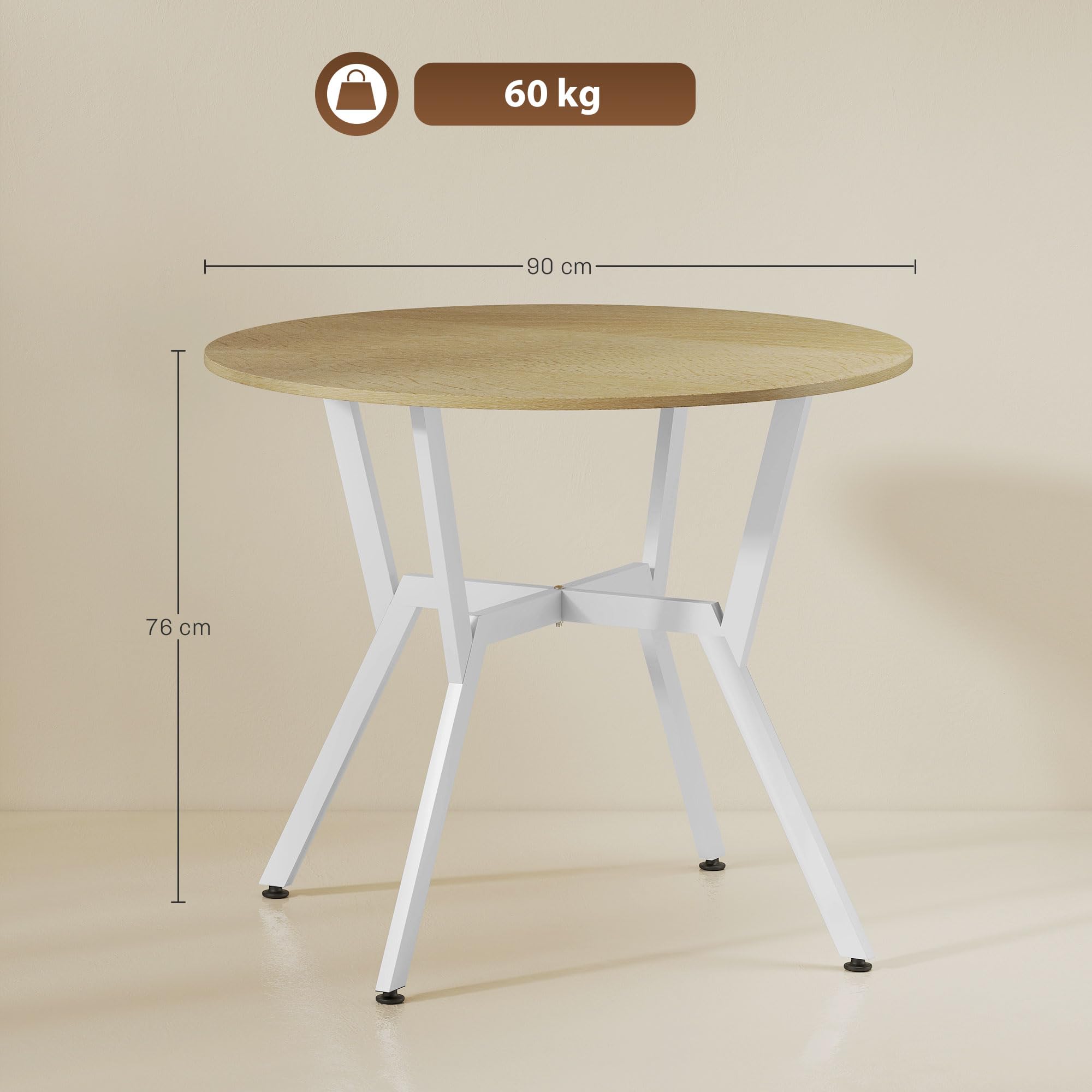 HOMCOM Mesa de Comedor Redonda para 2-4 Personas, Mesa de Cocina Industrial, Patas Curvadas de Acero, para Salón, 90x90x76 cm, Natural y Blanco