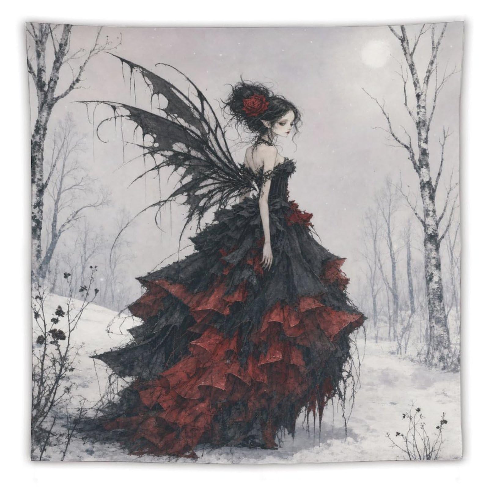 H3B8U2Y5 Gothic Fairy in Snow Wall Tapestry, Gothic Oil Style, Dark Fantasy