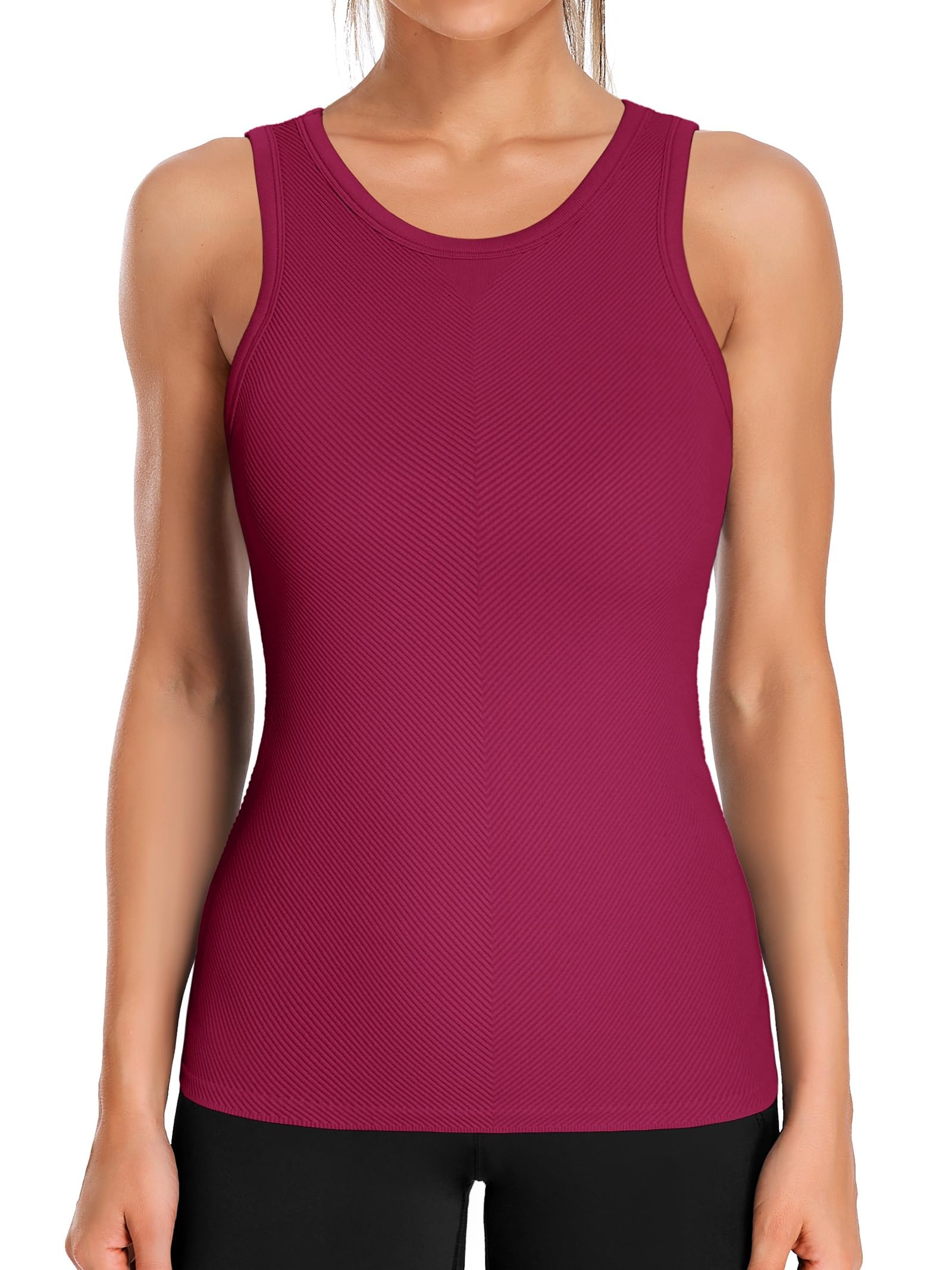 ATTRACO Ribflex Workout Tank Tops for Women Seamless Full Length Gym Tops Athletic Yoga Top Built in Bra