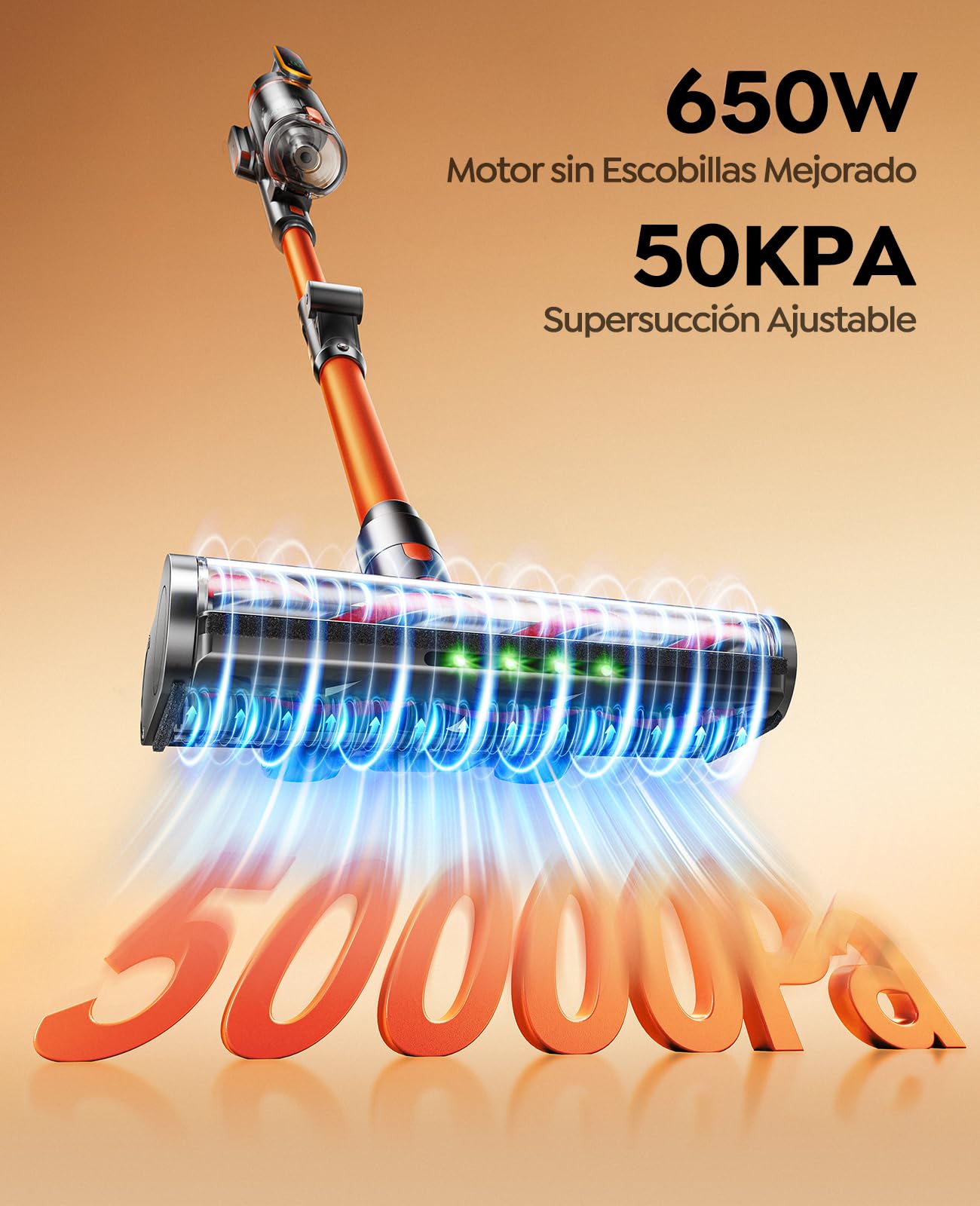 Fieety Aspiradora sin Cable 50KPa/650W/70Min(ECO), Aspiradora Escoba Potente con Brazo Flexible, Manguera 1M, Cepillo Anti-Enredo con Luz, Modo Auto, Aromática, Carga Pared, para Suelos/Alfombras/Pelo