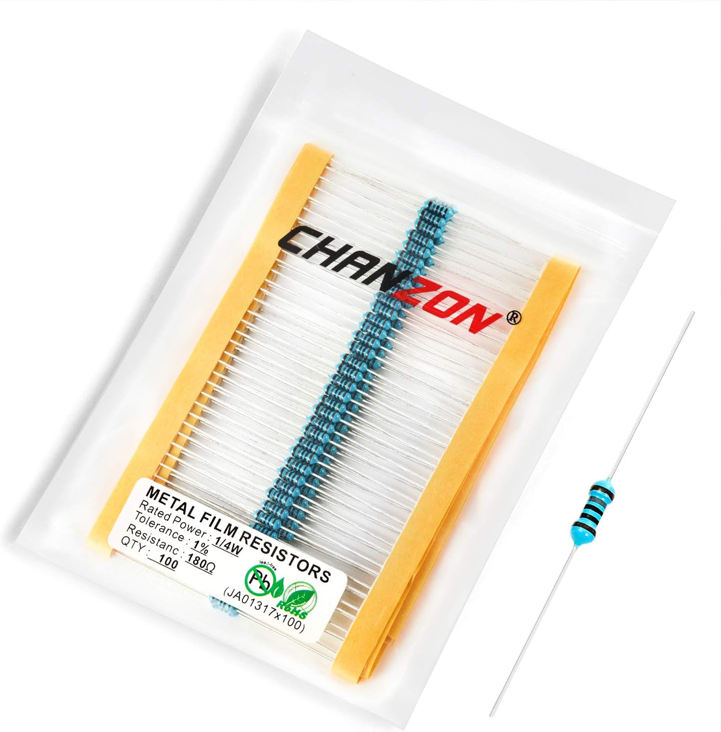 Chanzon 100pcs 1/4W (0.25W) 180 Ω ohm Metal Film Fixed Resistor 0.01 ±1% Tolerance 180R MF Through Hole Resistors Rohs Certificated