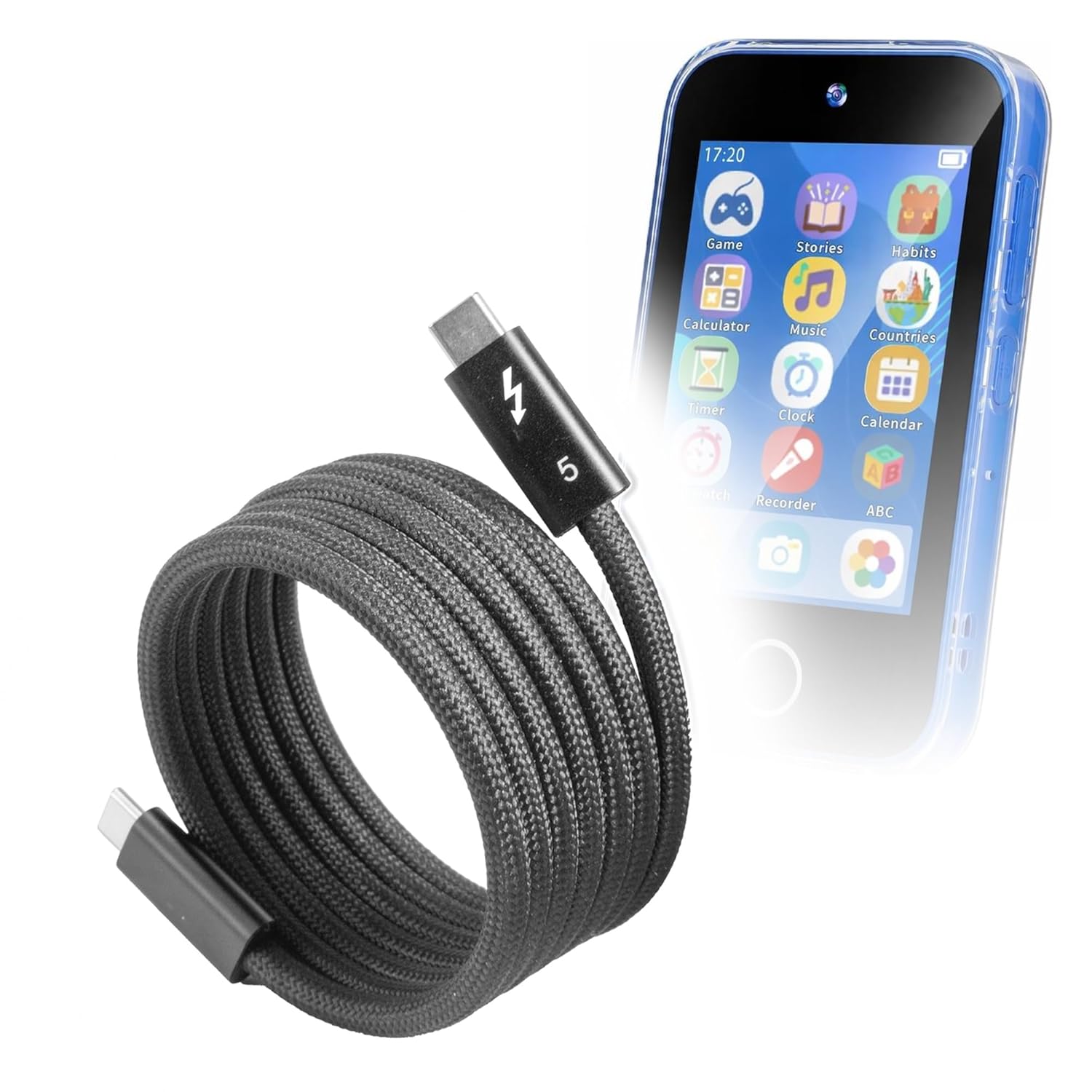 BoxWave Cable Compatible with FKATEEN TP2 (3.5 in) - SnapWrap Thunderbolt 5.0 Cable (5ft 240W), Magnetic Self-Coiling Nylon Braided Retractable - Jet Black
