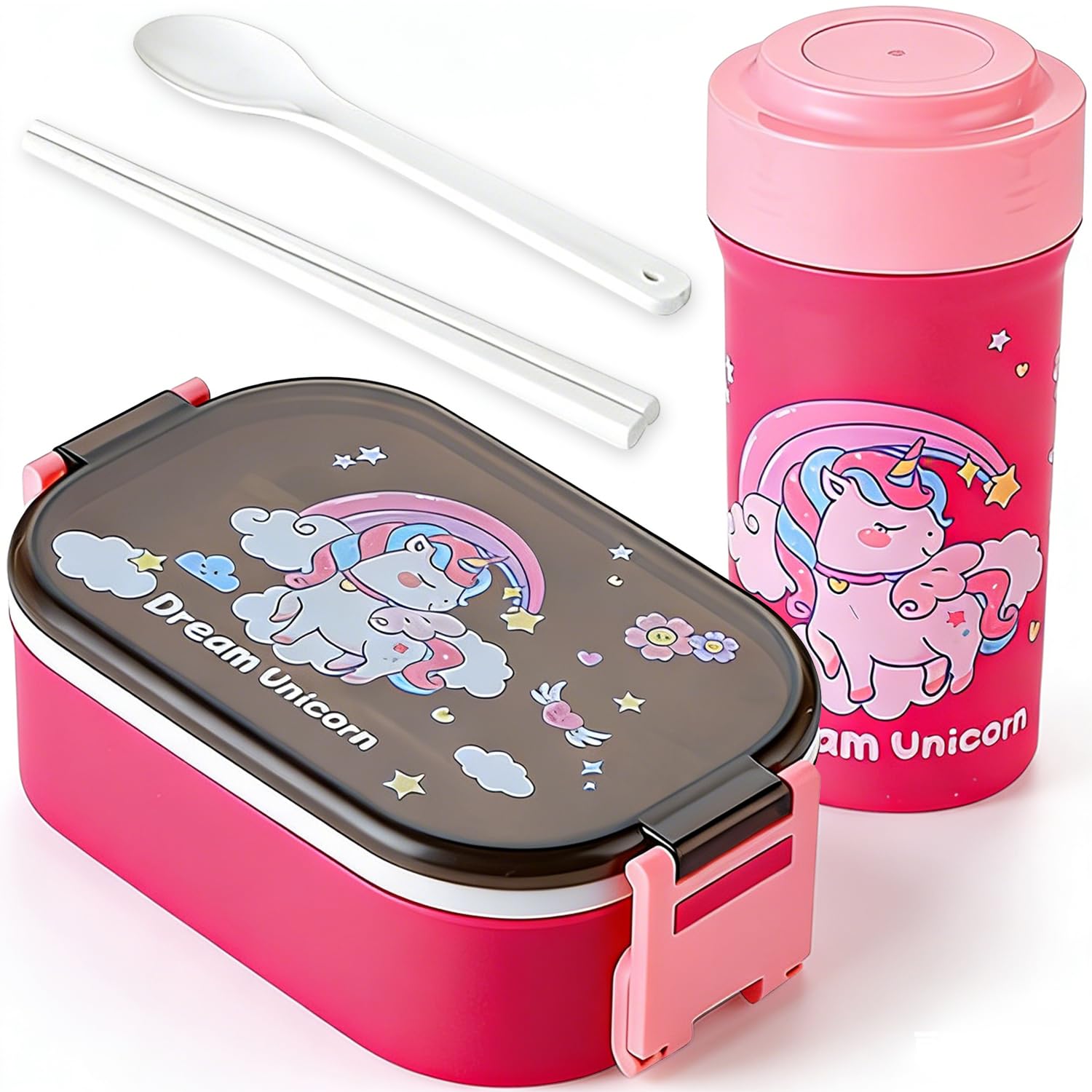 Spiritzohic Insulated Unicorn Lunch Bag Set, Childrens Lunch Box Set, 900ml Unicorn Bento Box and 500ml Leak Proof Water Bottle, for School Work Picnic Travel Beach, Gifts for Children-A