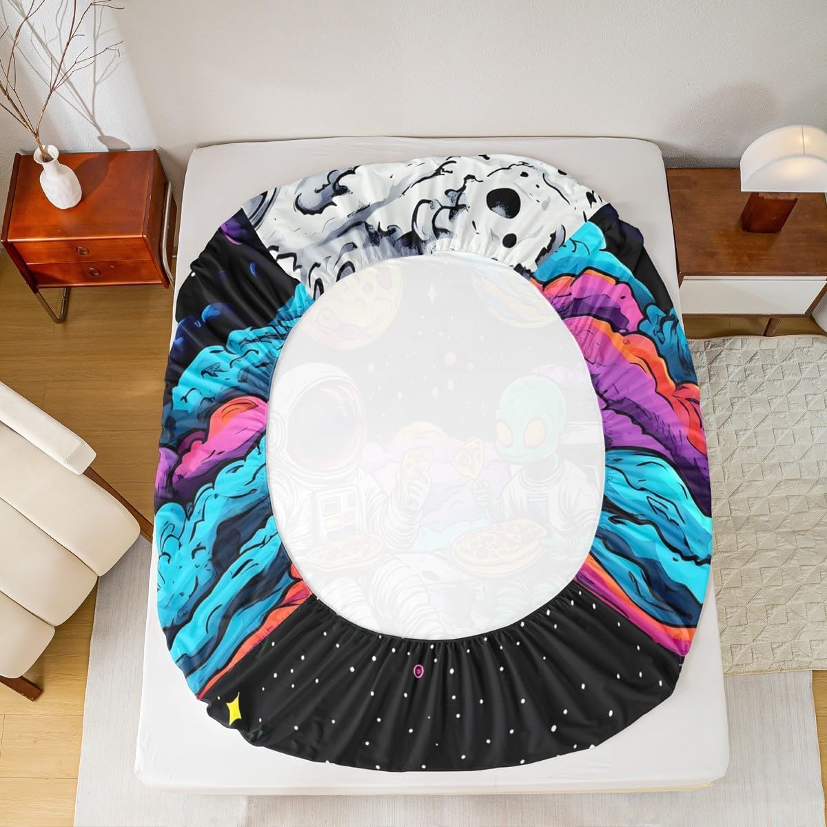 Manfei Funny Space Astronaut Alien Fitted Sheet Full Size,Trippy Universe Planet Bedding Set 3pcs,Psychedelic Galaxy Bed Cover with 2 Pillowcases,Kids Boys Girls Room Decor,Soft Bedding(No Flat)