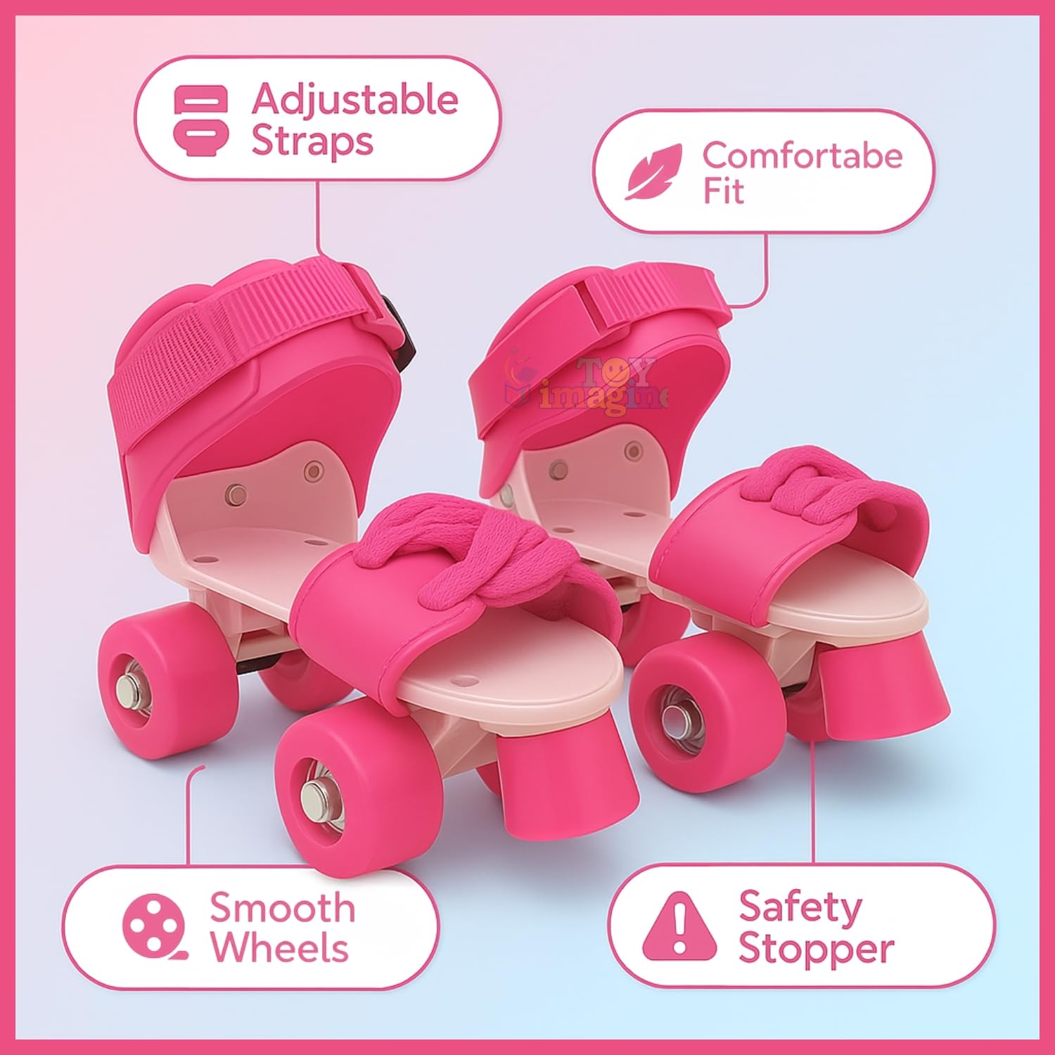 Toy Imagine Adjustable Inline Roller Skates for Kids Girls Age 4–12 | Beginner-Friendly Skating Shoes with Front Brake & Polyurethane Wheels | Skates for Boys & Girls 4+ Years (Pink, Size 5–12 UK)