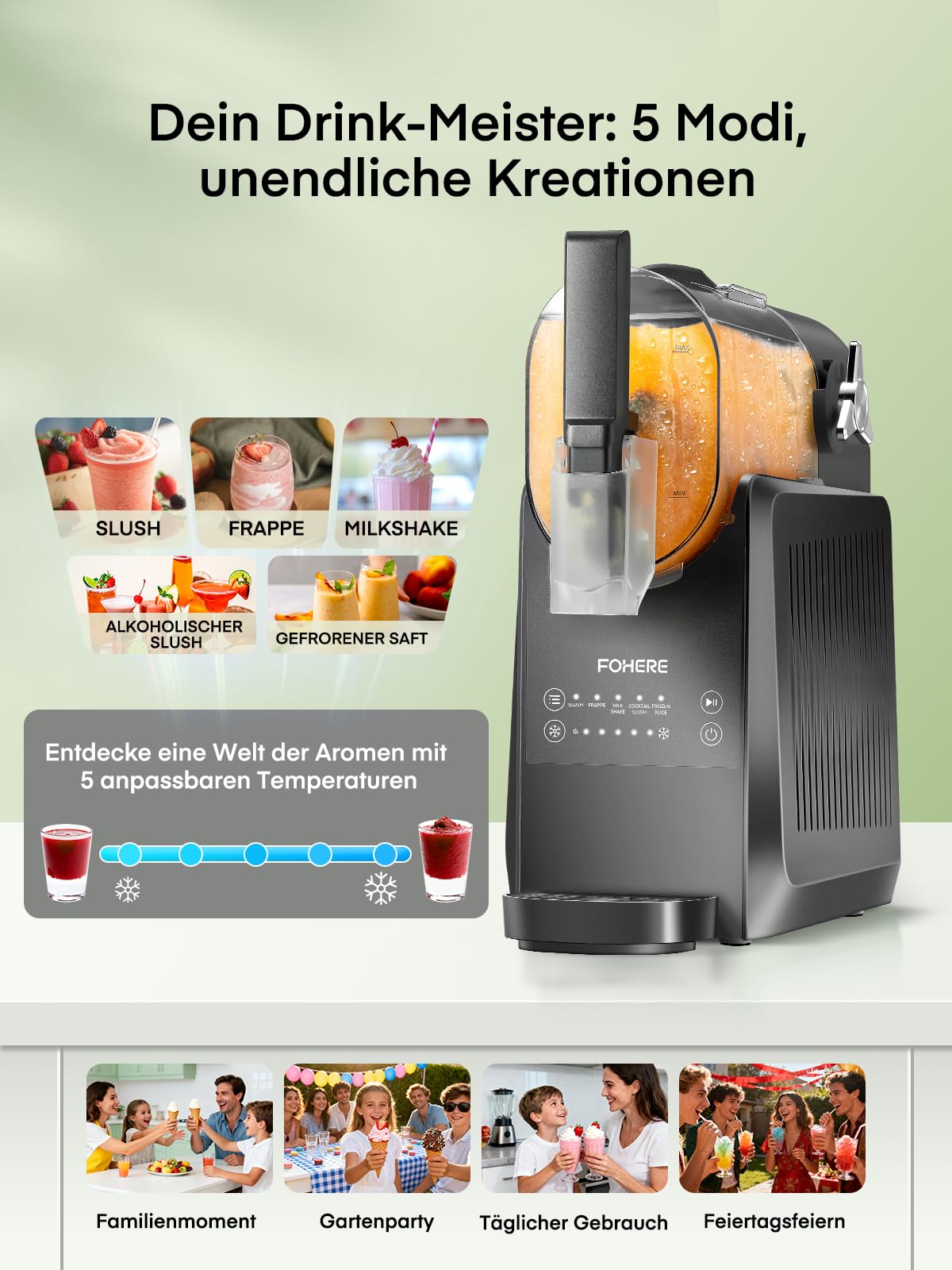FOHERE Slush Maschine, 2,6L Slushie Maschine für Zuhause, Slush Eismaschine mit Selbstreinigung, Ohne Eiswürfel & 5 Smarten Programmen, für Slush, Eis-Cocktails, Frappé, Margaritas & Milchshakes