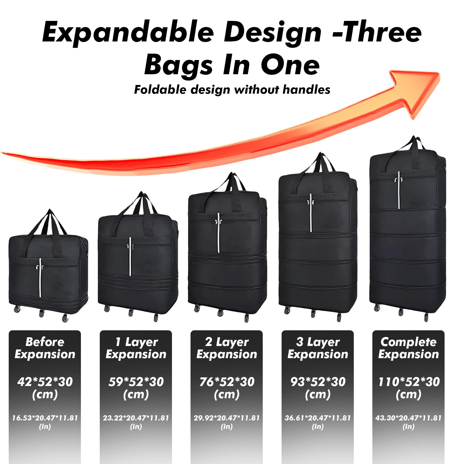 Bolsa de Viaje con Ruedas, 110 cm Bolsa de Viaje Plegable Expandible con Ruedas y Correa de Hombro, Almacenamiento para Hombres y Mujeres, 110 x 52 x 30 cm