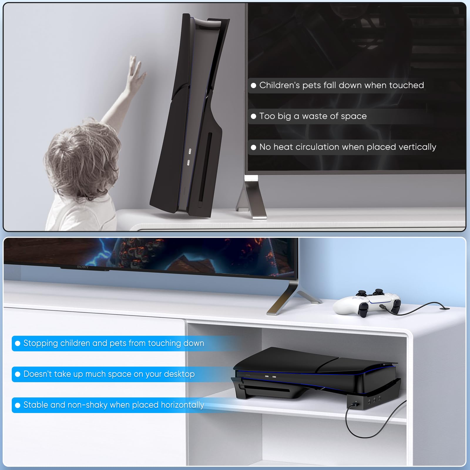 Support Horizontal pour Nouvelle Console PS5 Slim avec Hub USB 4 Ports, Base Support Accessoires pour 2023 Playstation 5 Slim Disc & Digital Edition, Support avec 4 Ports USB 2.0 Date pour Chargement