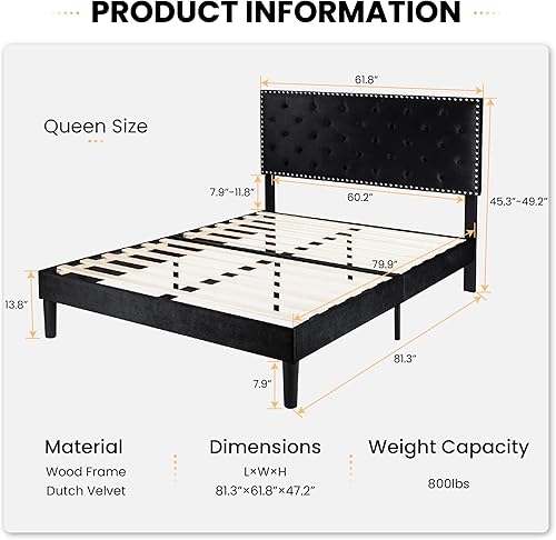 Miniatura 49 de SHA CERLIN Base de cama de terciopelo tamaño Queen con cabecera ajustable, botón de diamante y decoración de remaches, no necesita somier, color