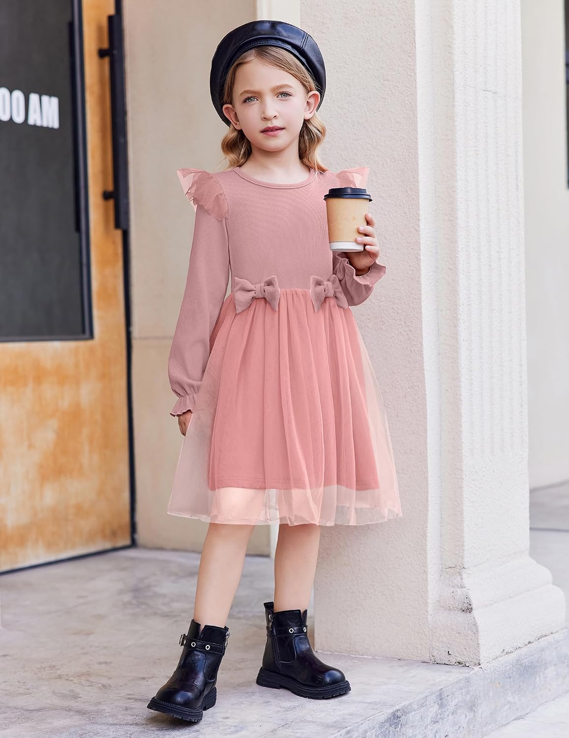 Arshiner Toddler Girls Tulle Dresses with Bow Tie Fall Winter Long Sleeve Formal Party Dress 1-7 Y