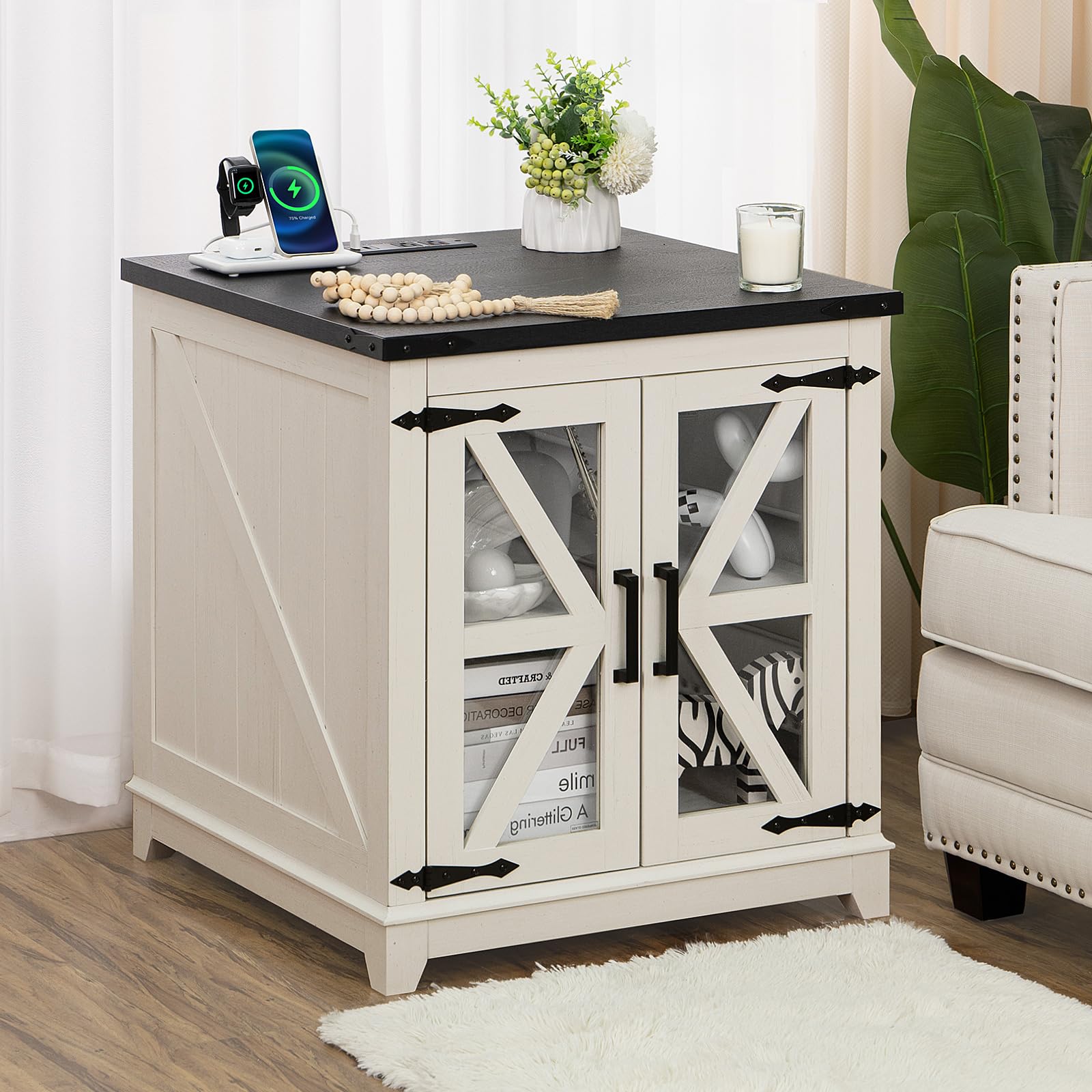 Farmhouse End Table with Charging Station, 24" Large Sofa Side Table with Glass Barn Door, White Nightstand with Adjustable Storage Shelf,Wood Square Bedside Table for Living Room,Bedroom