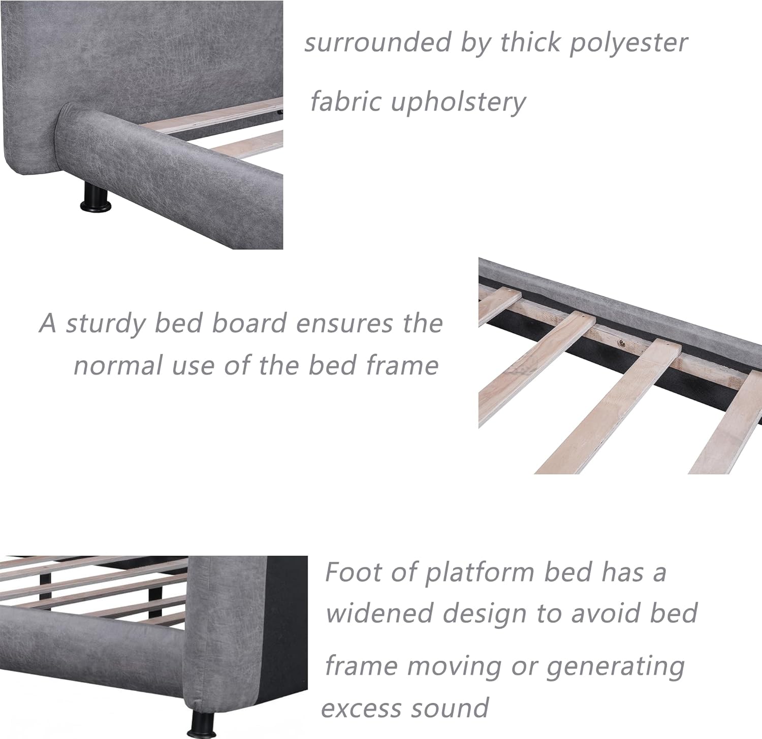 Bellemave Queen Size Upholstered Platform Bed with 2 Large Headrests and Thick Fabric, Bed Frame Queen Size Horizontal Paneled Headboard with Strong Wooden Slats No Box Spring Needed, Gray