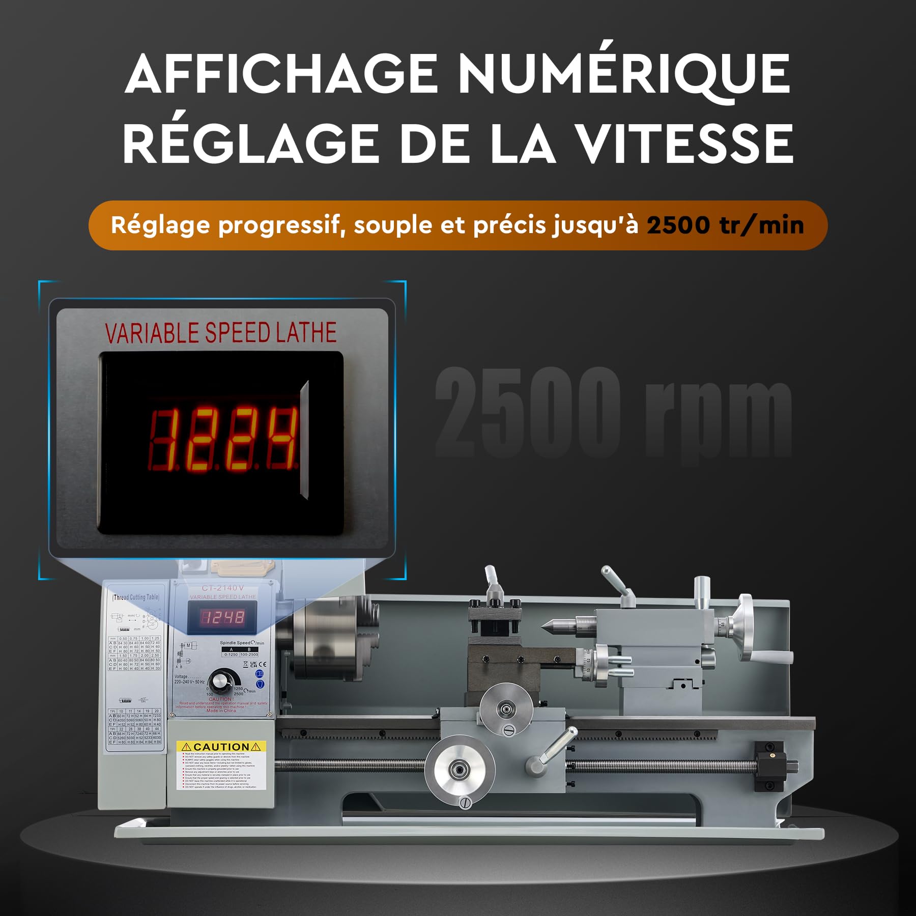 CREWORKS 750W Mini Tour à Métaux d'Établie 210x400mm 8"x16" Haute Précision avec Mandrin à 3 Mâchoires et Vitesse de Broche Max. 2500rpm Écran LCD pour Filetage Tournage Perçage