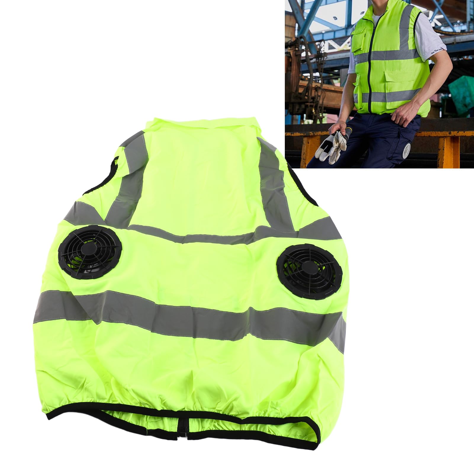 Fockety Gilet di Sicurezza per Il Raffreddamento, Gilet per Il condizionamento dell'Aria con 2 ventilatori, Striscia Riflettente, Gilet di Raffreddamento Personale per Lavorare (Verde