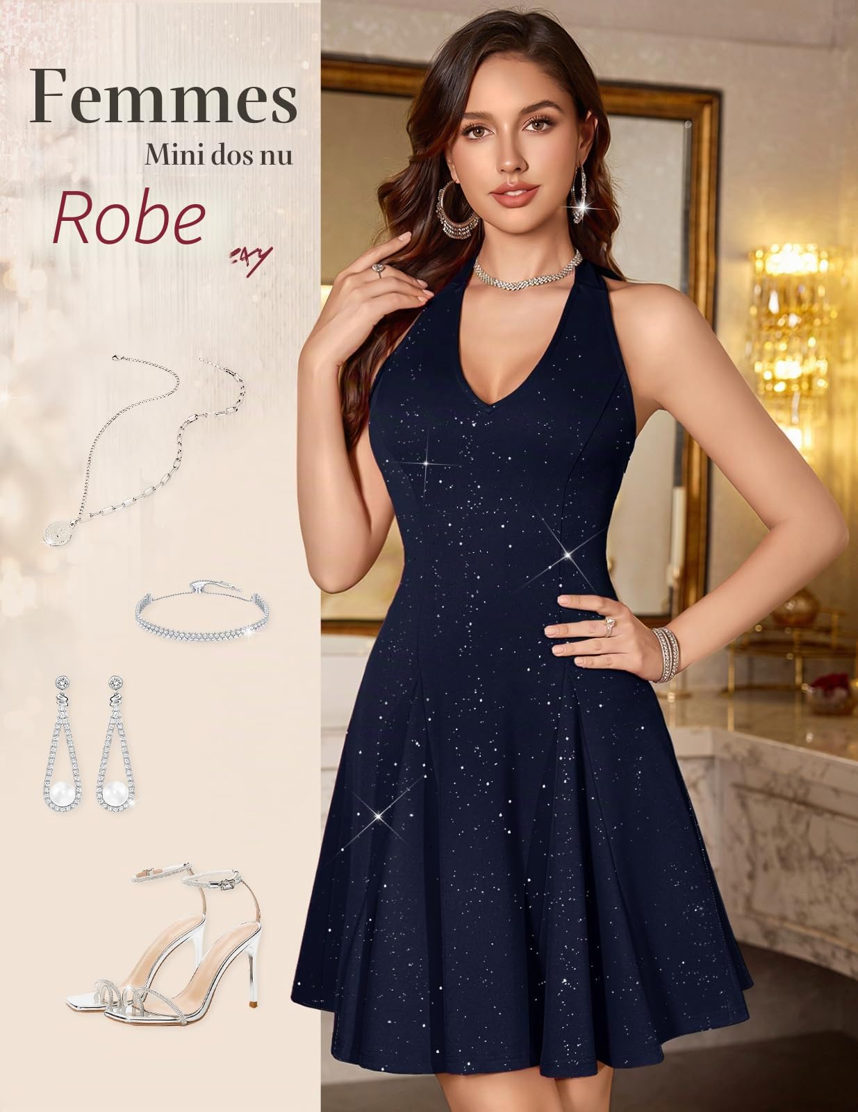 HomRain Robe de cocktail à paillettes avec col en V pour femme 2025 - Dos nu - Robe de soirée à paillettes