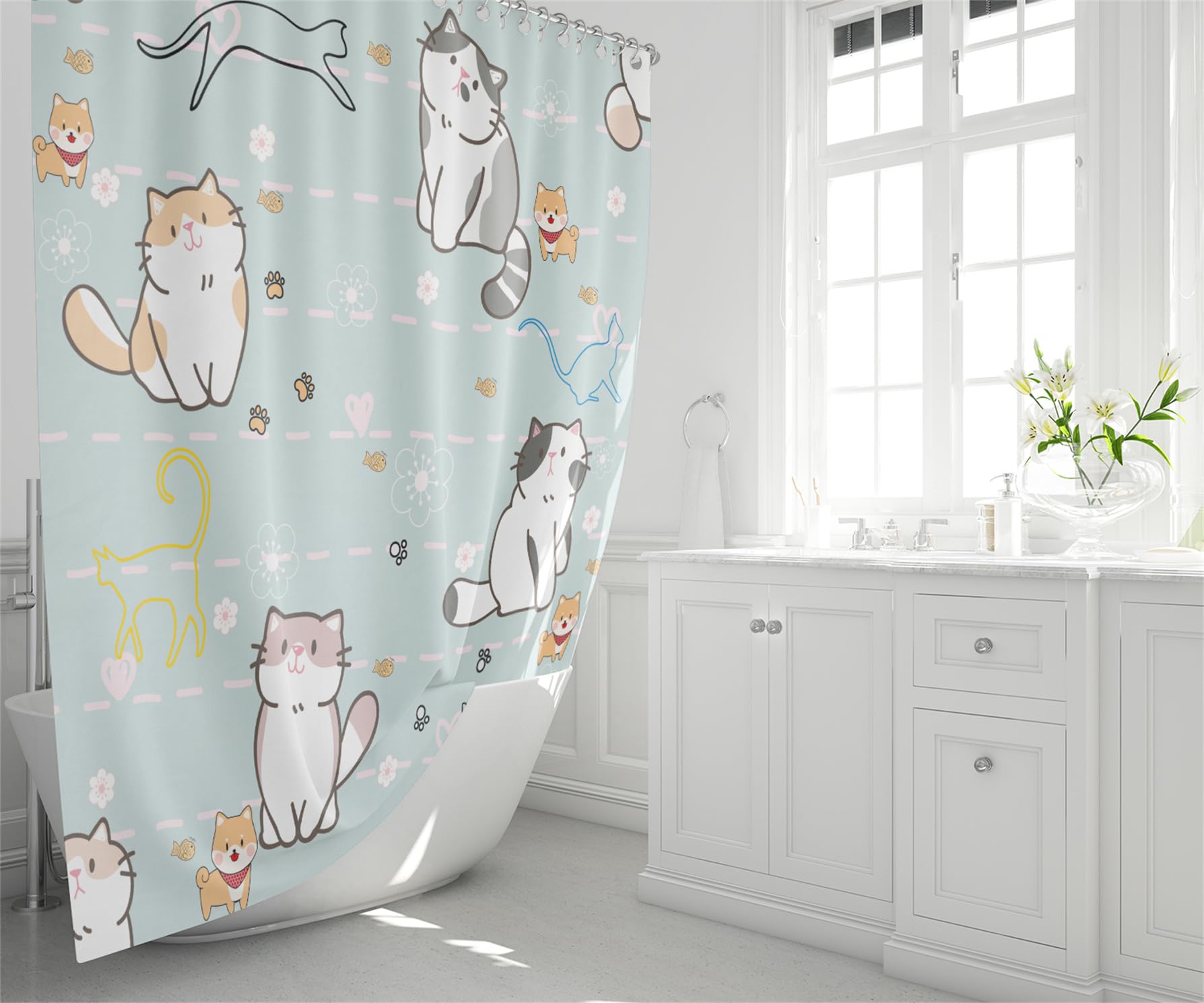 MIEPOS 4-teiliges Duschvorhang-Set Mit Katzen-Motiv – Wasserdicht, Inkl. Badematte, WC-Bezug & Konturteppich
