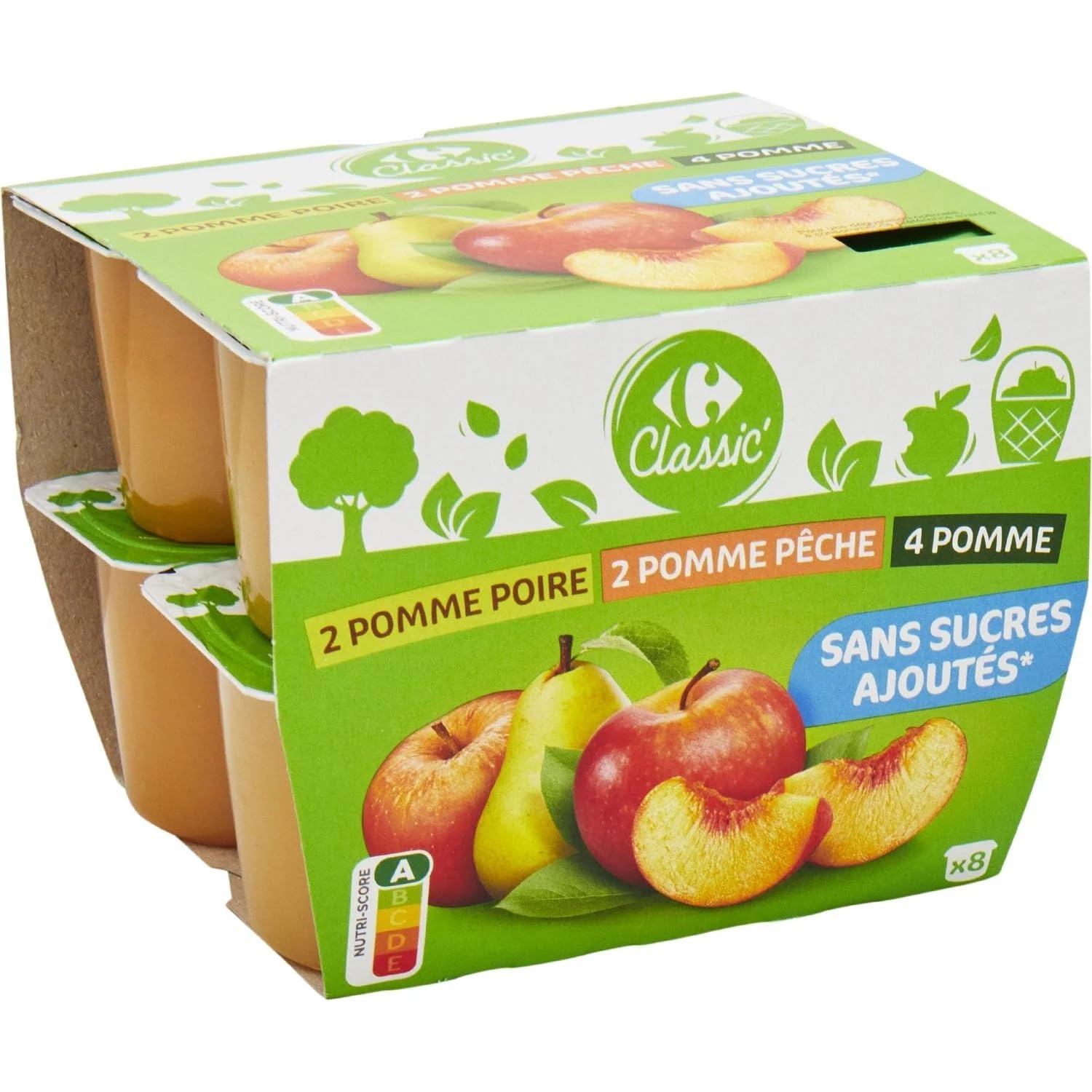 CARREFOUR CLASSIC - Compote de Pommes, Pommes Poires et Pommes Pêches sans Sucres Ajoutés - Purée de Fruits - les 8 pots de 100 g - 800g - Le Lot De 4