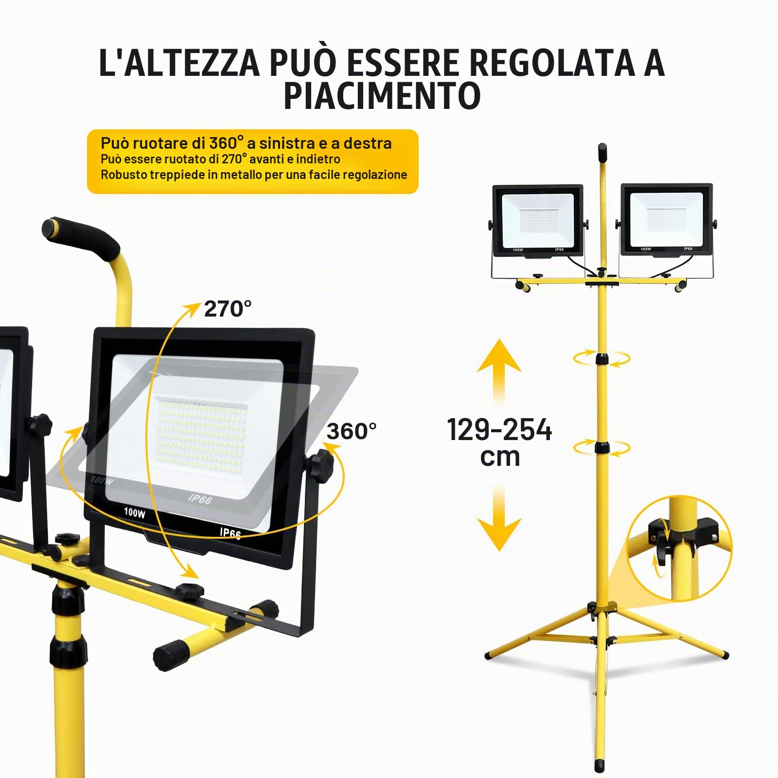Willpower Doppio Faretto LED da Cantiere su Treppiede 200W 20000LM Proiettore LED con Cavo 3m Impermeabile IP65 Faro da Lavoro LED Luce Bianca 6000K per Esterni Interni Feste Barbeque Garage Giardino