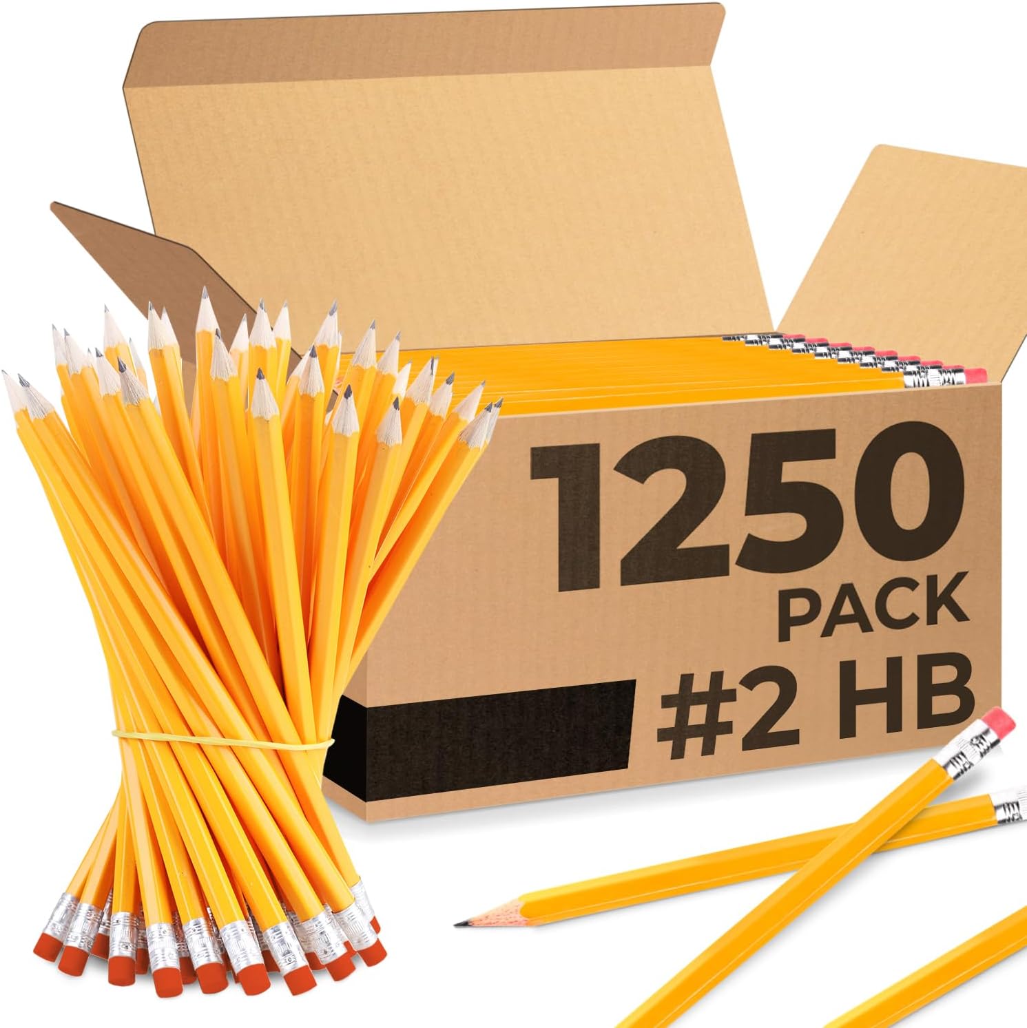 Rosmonde Pencils Bulk, 1250 Pack, Yellow Pencils Set, Pre Sharpened #2 HB, Back to School Supplies, Easy Hold Grip With Top Erasers, Bulk Set for Office, School, and Classroom Supplies