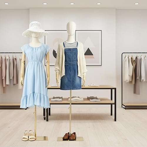 Miniatura 2 de Maniquí Femenino Forma de Vestido Torso, Cuerpo de Maniquí de Exhibición con Cabeza Desmontable, Manos de Madera y Soporte Dorado de Altura