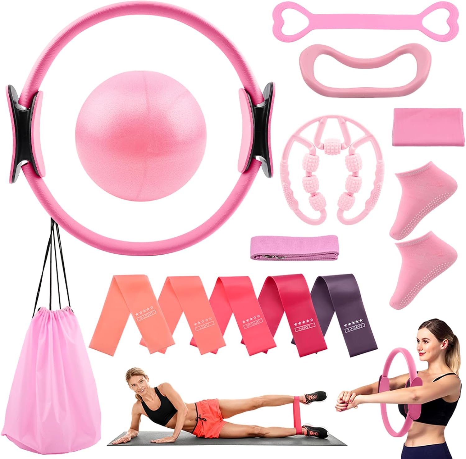 Pilates Essentials Kit for Women, 14 Pcs Home Workout Equipment with Pilates Circle Ball Ring Set Resistance Bands and Anti Slip Sock, Yoga Pilate Essentials Accessories
