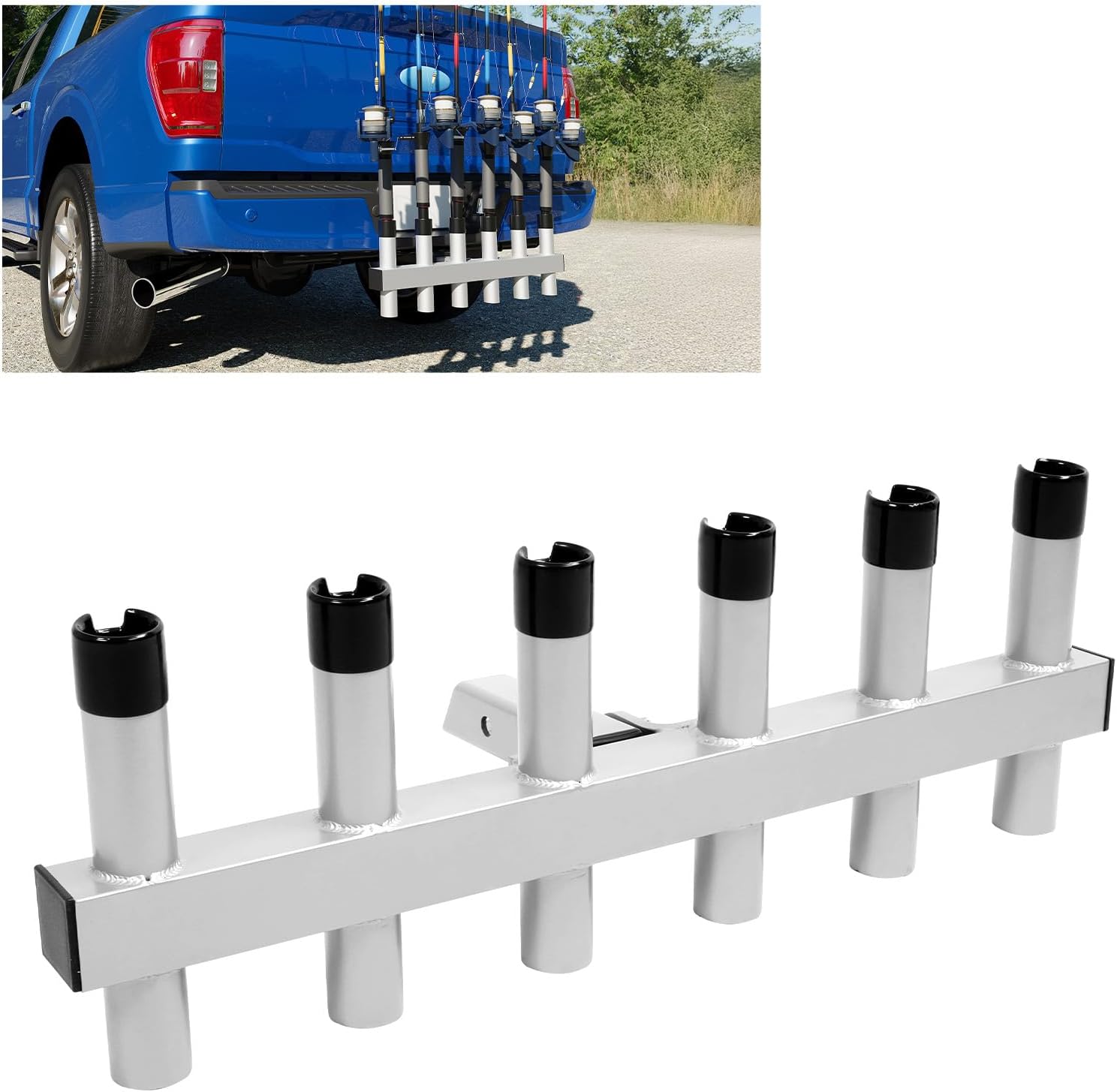 Hitch Mount Fishing Rod Holder Aluminium Fishing Pole Rack for | Truck with 6-Rod Tubes Fits 2" Hitch Receiver
