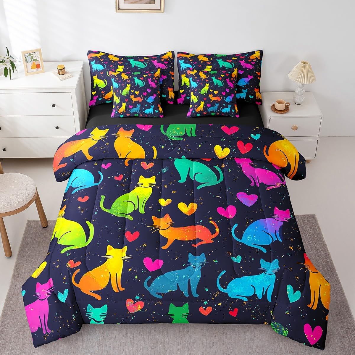7-Piece Cute Cat Bedding Full Size Cartoon Animal Bed in a Bag, Kawaii Kitten Comforter Set for Kids Boys Girls Pet Themed Comforter, Fitted Sheet, Top Sheet, Pillowcases and Throw Pillow Covers, Pink