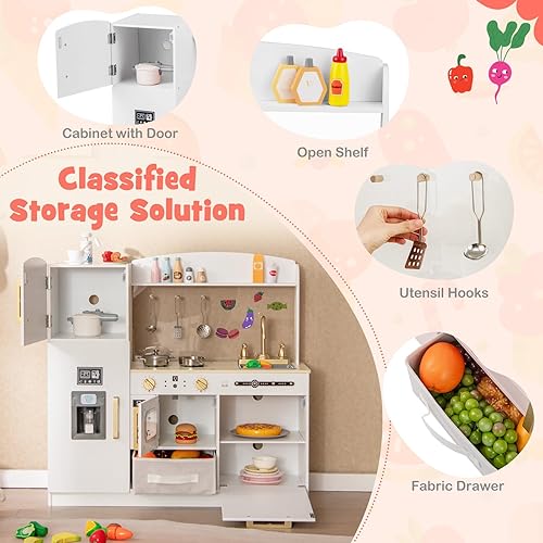 Miniatura 6 de Costzon Juego de cocina para niños, cocina de madera con luces y sonidos, microondas, máquina de hielo, lavavajillas, fregadero, pizarra, juego de