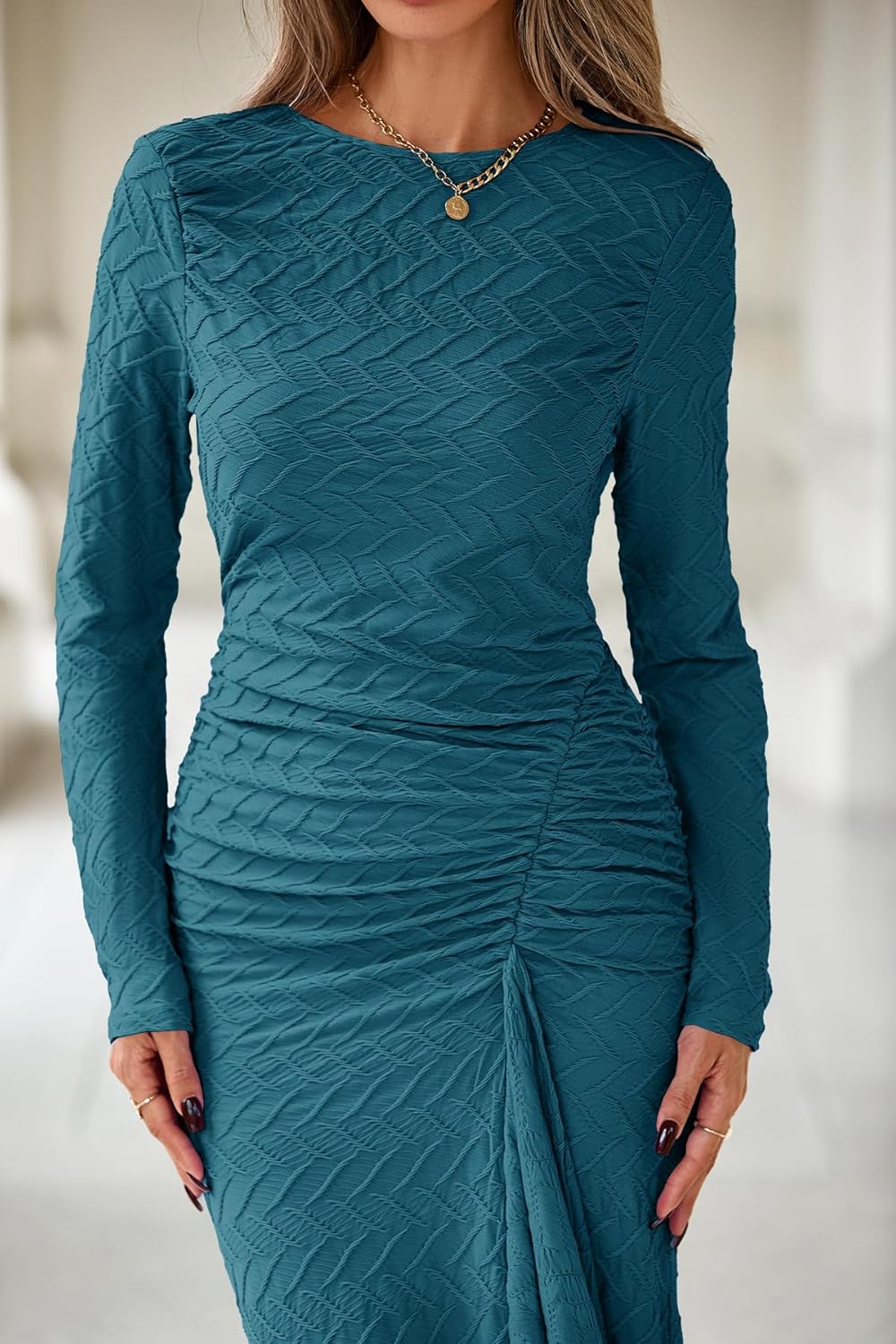 MITILLY Women Bodycon Maxi Dress Fall 2025 Long Sleeve Ruched Textured Ruffle Cocktail Formal Wedding Guest Long Dresses - Image 5