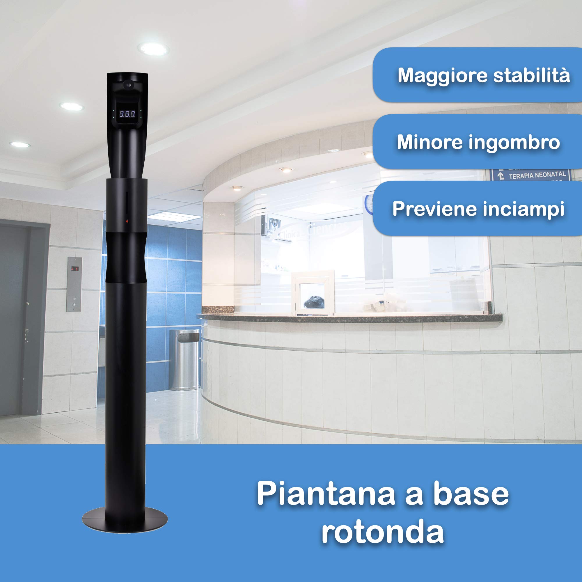 Termometro Digitale Elegante con Dispenser Automatico 160 cm | Colonna Adige/GT con Termoscanner e Dispenser Automatici certificati