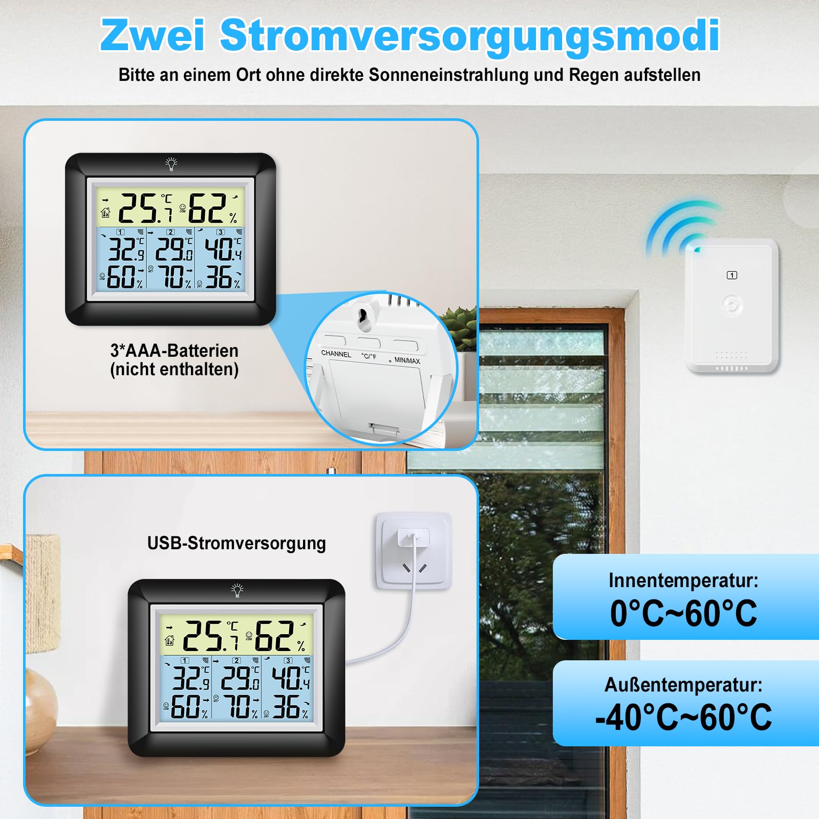 Urageuxy Funk Thermometer mit 3 Außensensoren - Wetterstation mit 100m Reichweite, Digital Hygrometer Thermometer mit Großem LCD-Display, MIN/MAX-Aufzeichnung, Einfache Bedienung (Schwarz)